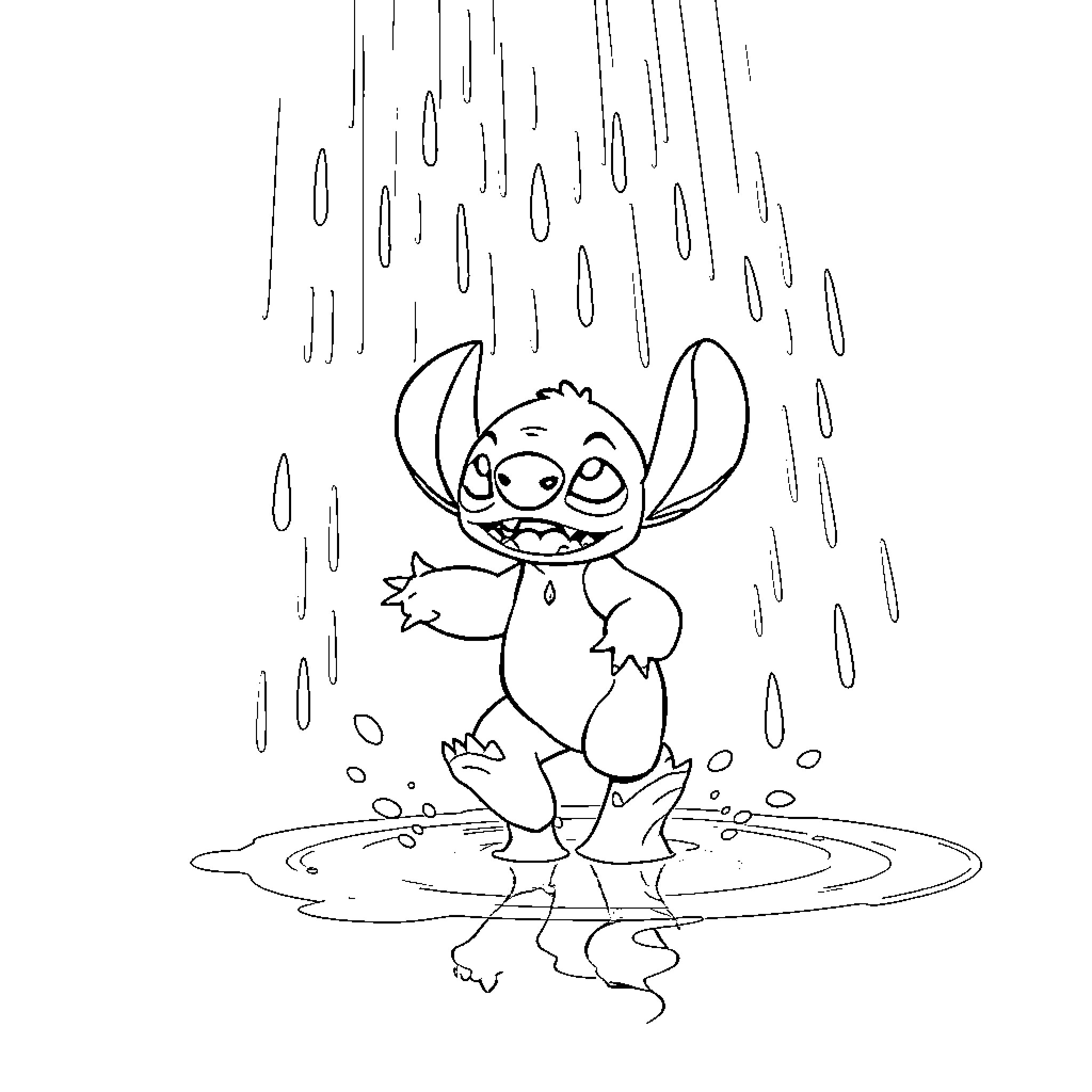 Stitch enjoying the rain happily Coloring Page (free black-and-white line drawing printable PDF for all, from beginners to advanced learners, including children, teens, adults, and seniors)
