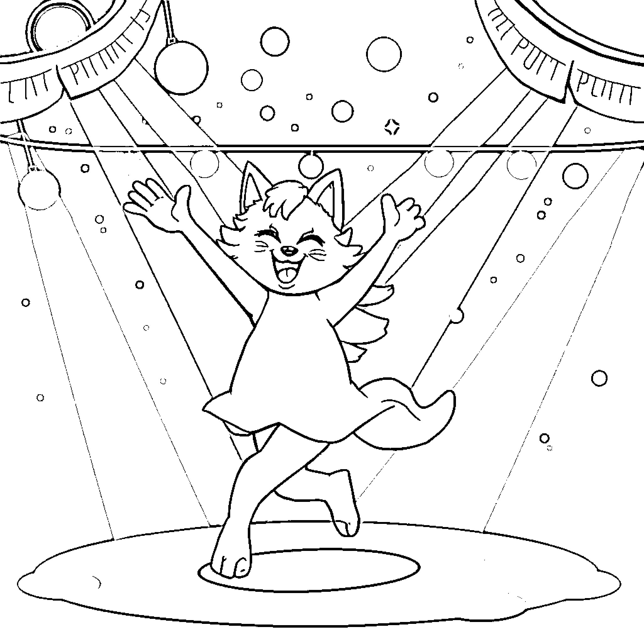 Kuromi dancing joyfully under the night sky Coloring Page (free black-and-white line drawing printable PDF for all, from beginners to advanced learners, including children, teens, adults, and seniors)