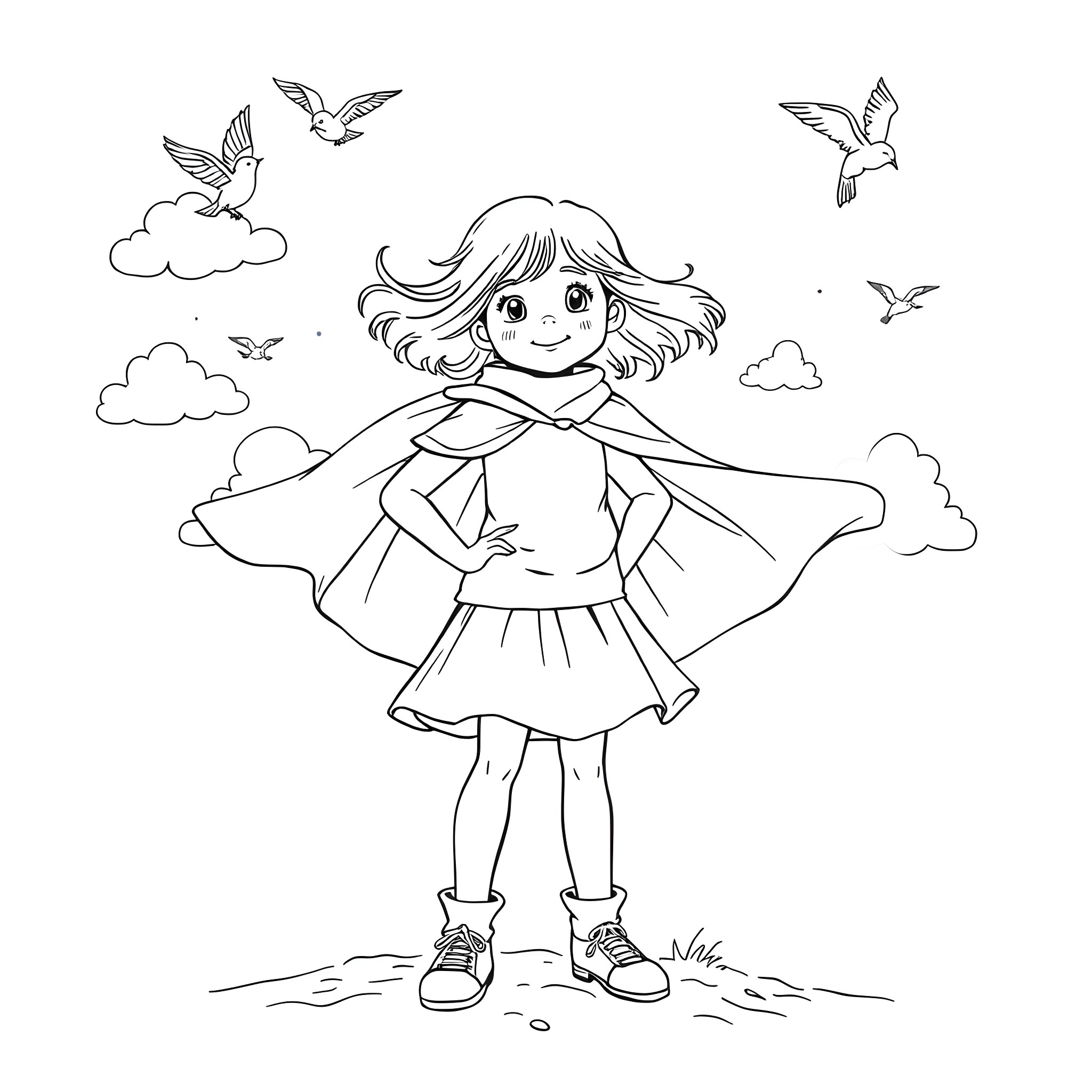 Girl Joyfully Spreads Her Arms in a Field Coloring Page (free black-and-white line drawing printable PDF for all, from beginners to advanced learners, including children, teens, adults, and seniors)