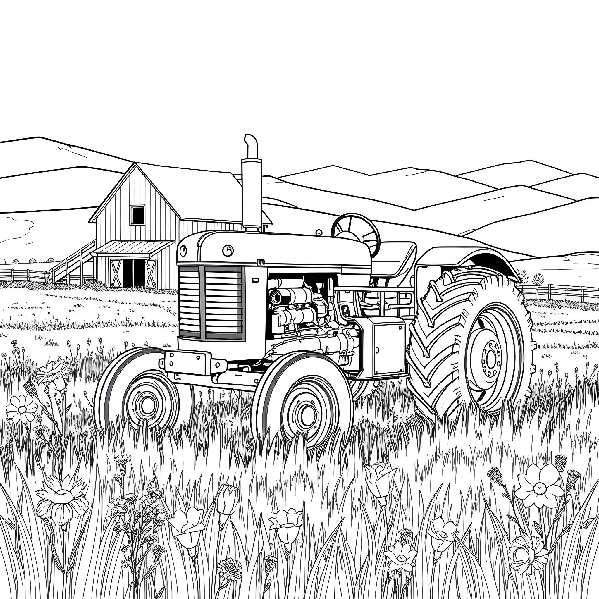 Tractor plowing the fields on a farm Coloring Page (free black-and-white line drawing printable PDF for all, from beginners to advanced learners, including children, teens, adults, and seniors)
