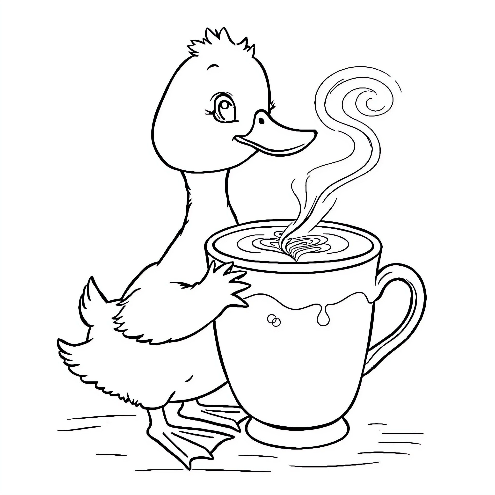 Duck Enjoying a Warm Beverage Coloring Page (free black-and-white line drawing printable PDF for all, from beginners to advanced learners, including children, teens, adults, and seniors)