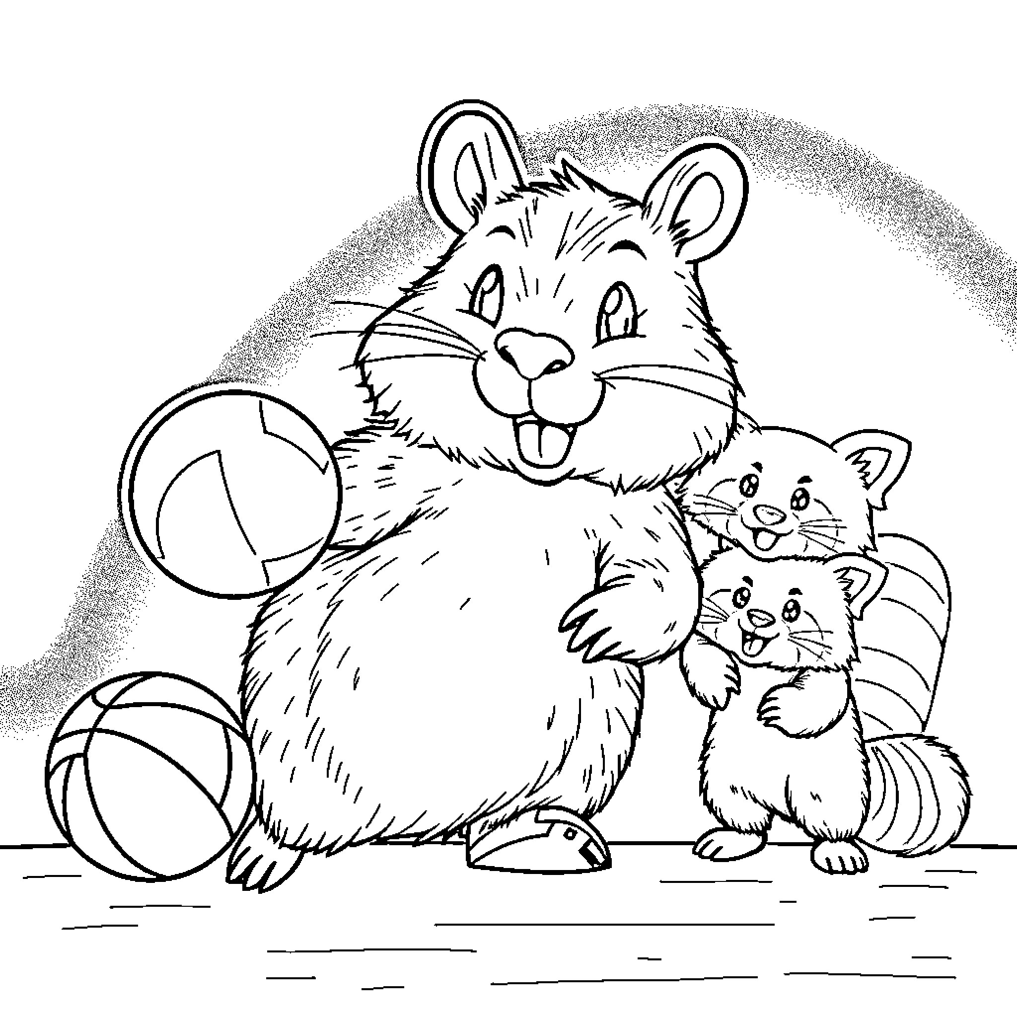 Capybara family playing with toys Coloring Page (free black-and-white line drawing printable PDF for all, from beginners to advanced learners, including children, teens, adults, and seniors)