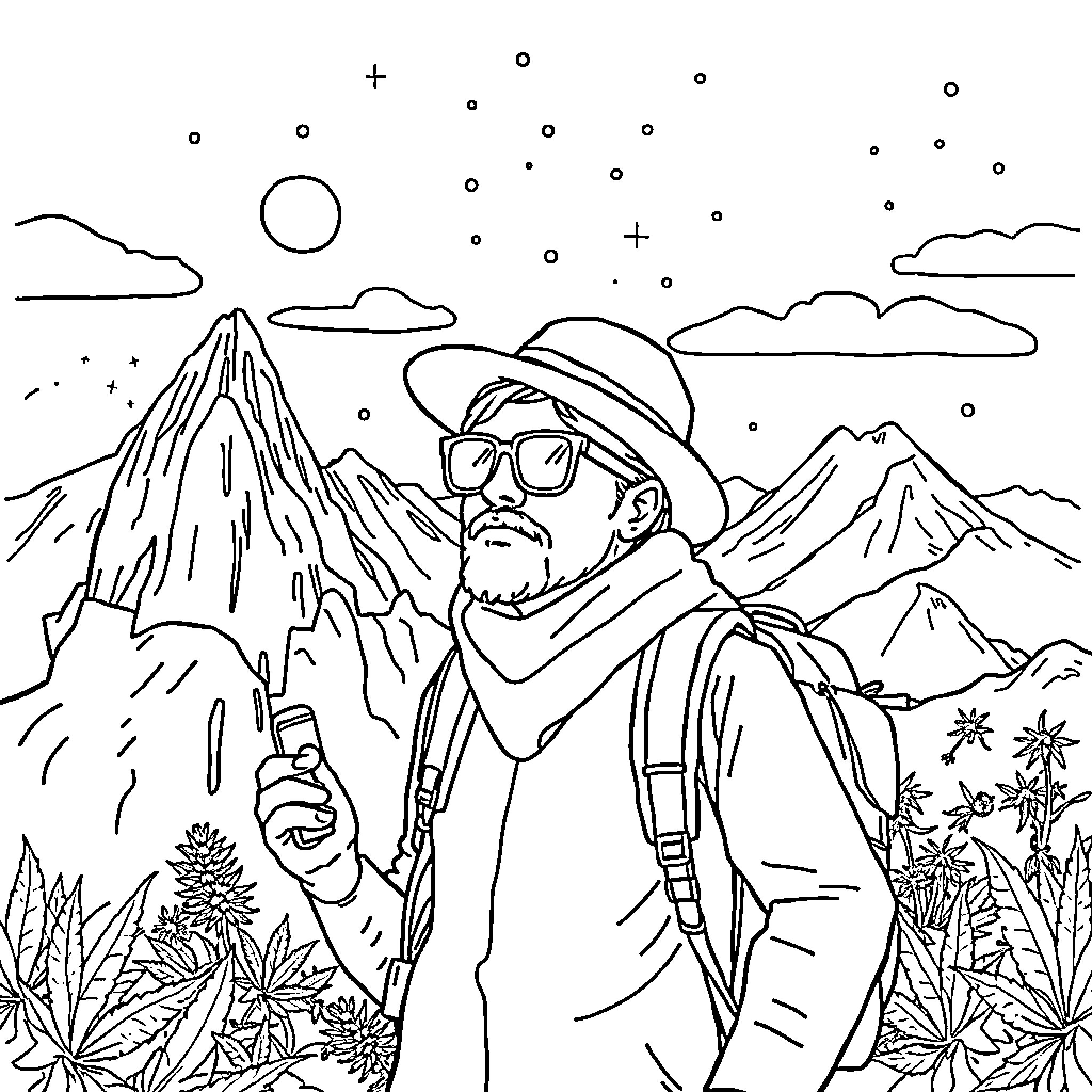 Cannabis traveler exploring mountainous landscape Coloring Page (free black-and-white line drawing printable PDF for all, from beginners to advanced learners, including children, teens, adults, and seniors)