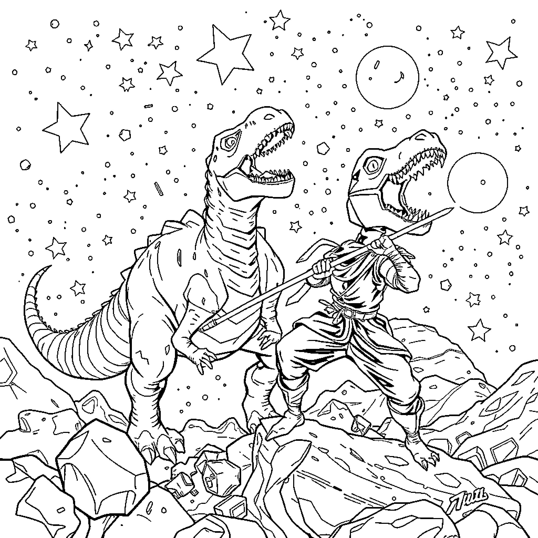 Ninja Dinosaur Battle Under Starry Sky Coloring Page (free black-and-white line drawing printable PDF for all, from beginners to advanced learners, including children, teens, adults, and seniors)