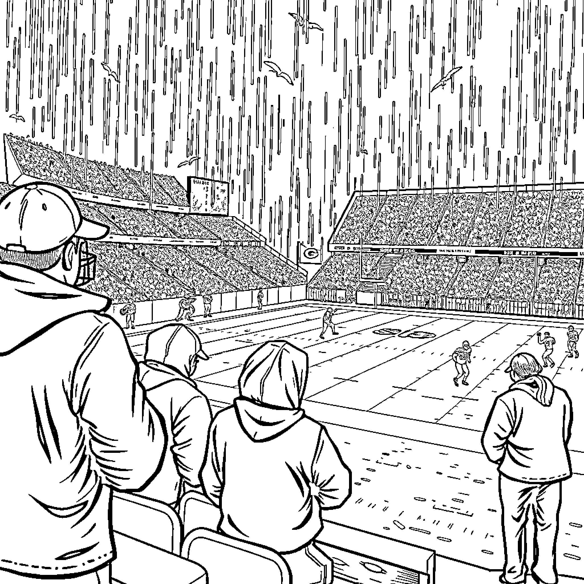 Football fans watching the big game in stadium Coloring Page (free black-and-white line drawing printable PDF for all, from beginners to advanced learners, including children, teens, adults, and seniors)
