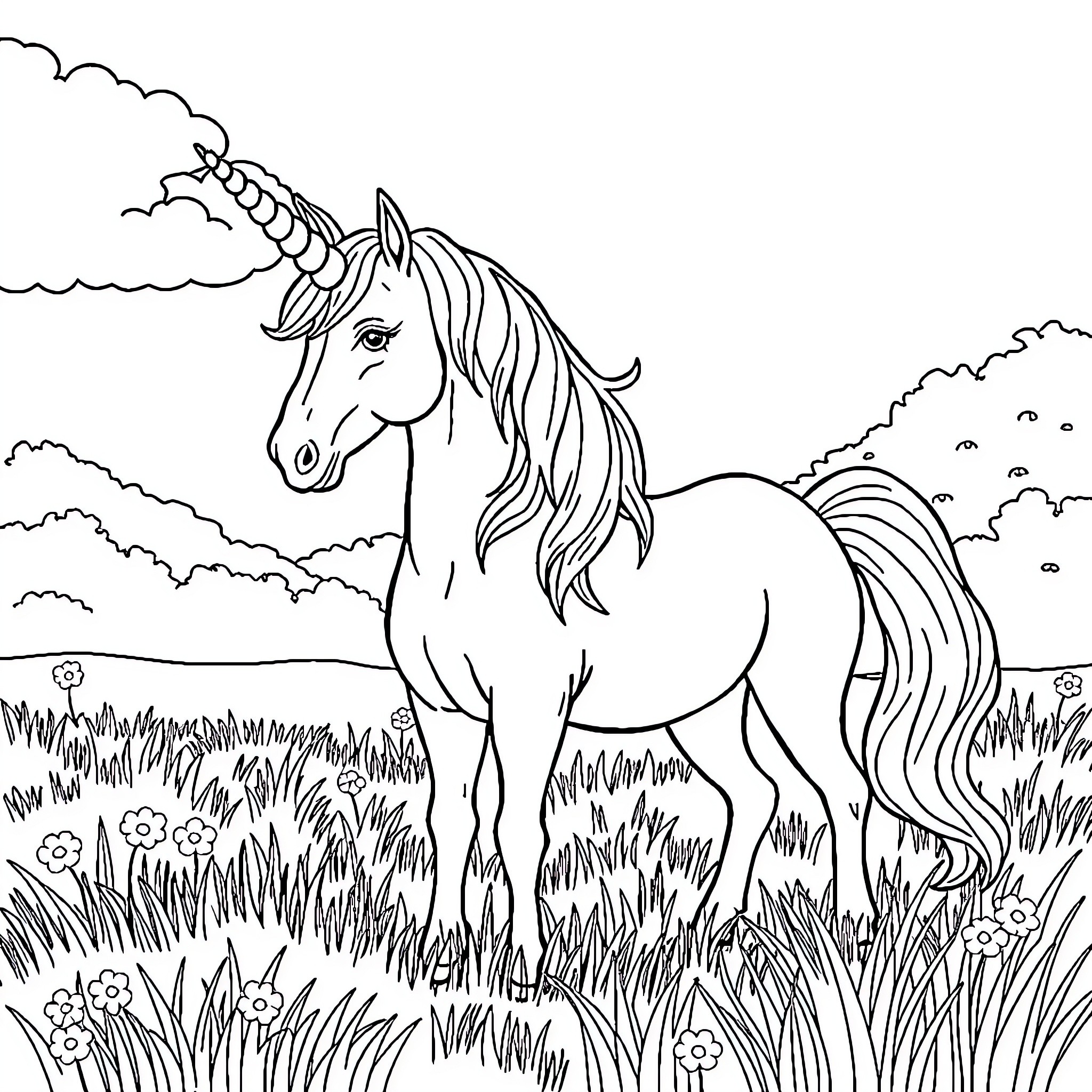 Unicorn standing majestically in a grassy field Coloring Page (free black-and-white line drawing printable PDF for all, from beginners to advanced learners, including children, teens, adults, and seniors)