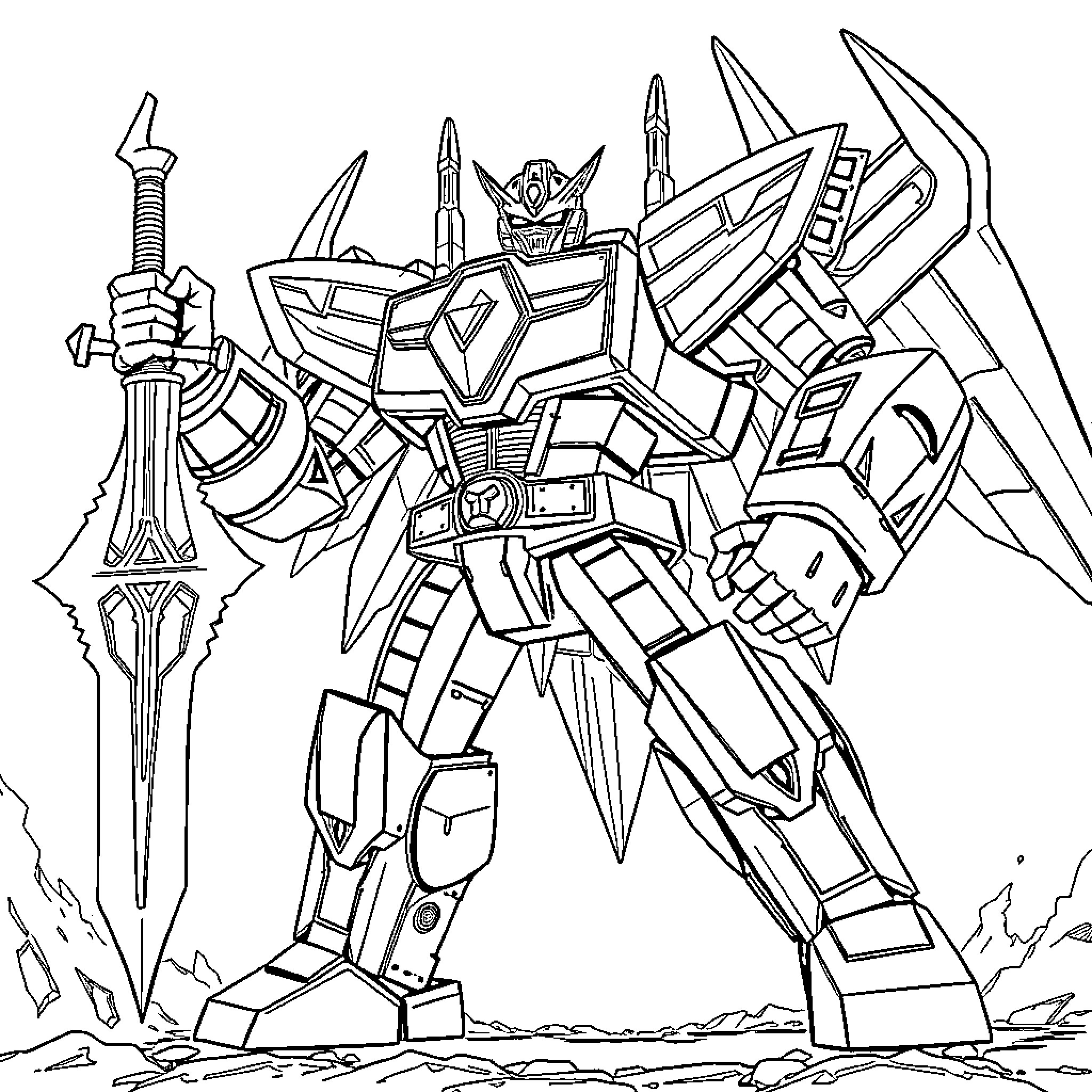 Megazord in epic battle stance with futuristic weaponry Coloring Page (free black-and-white line drawing printable PDF for all, from beginners to advanced learners, including children, teens, adults, and seniors)