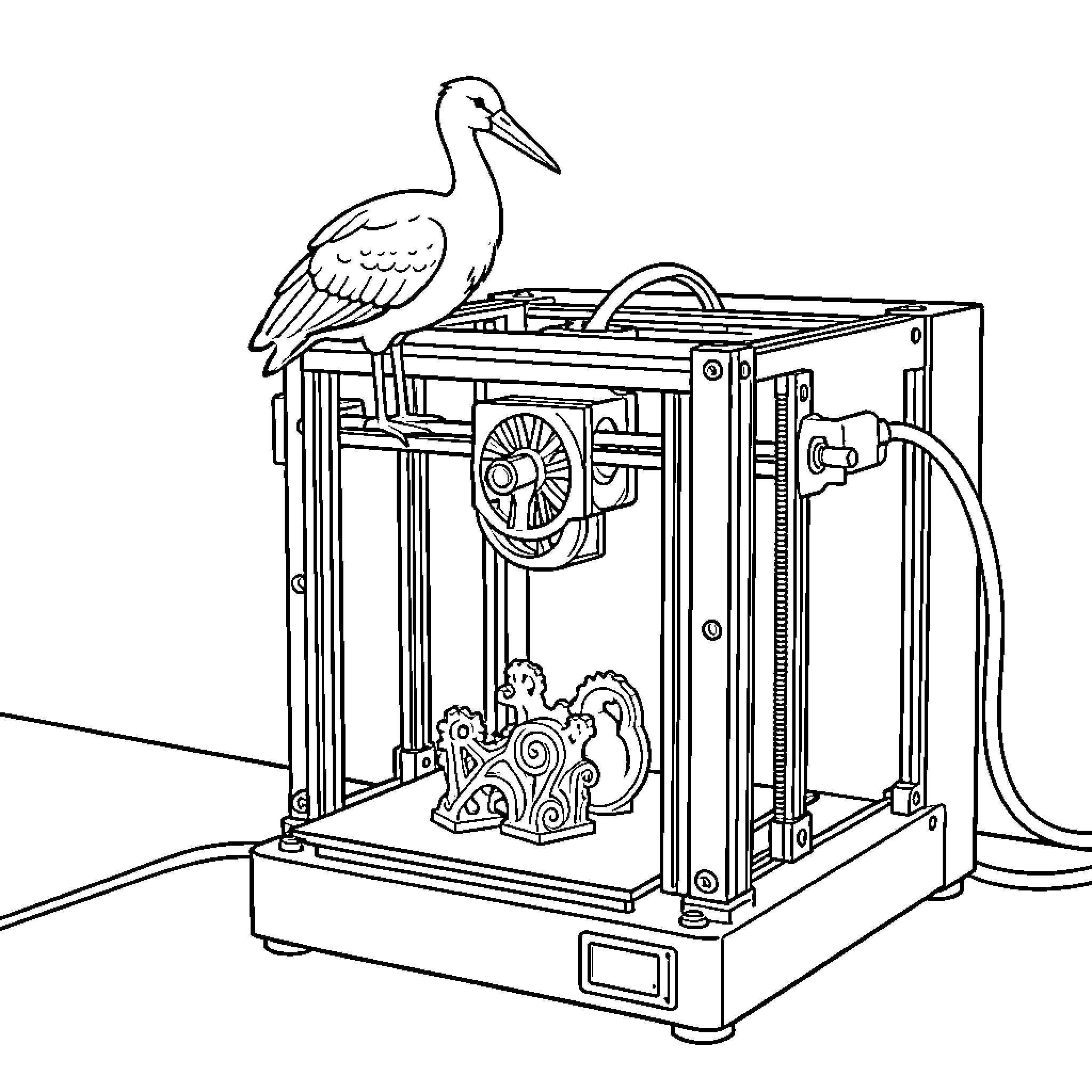Cigogne perched atop a 3D printer Coloring Page (free black-and-white line drawing printable PDF for all, from beginners to advanced learners, including children, teens, adults, and seniors)
