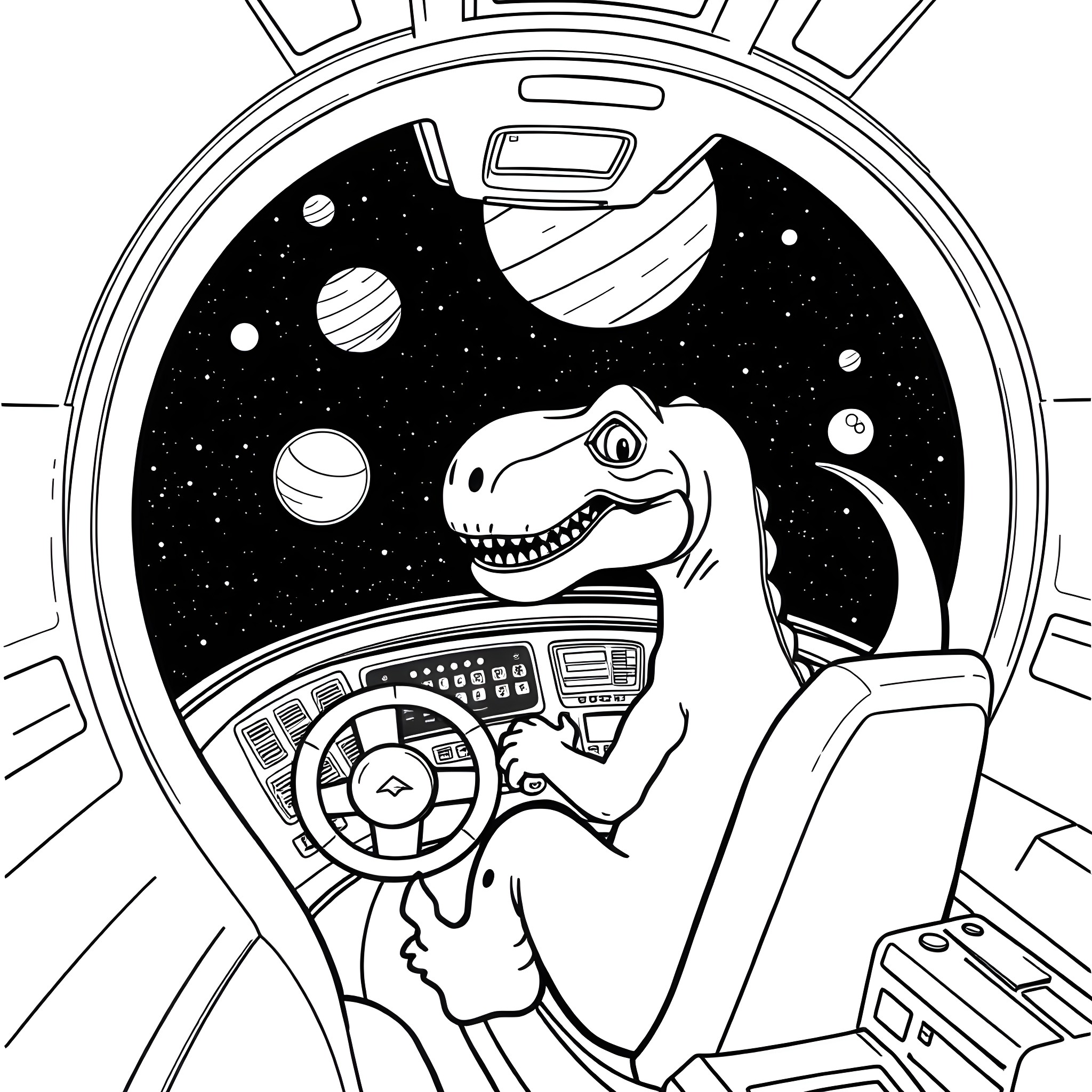 Dino Pilot Navigating through Cosmic Landscapes Coloring Page (free black-and-white line drawing printable PDF for all, from beginners to advanced learners, including children, teens, adults, and seniors)