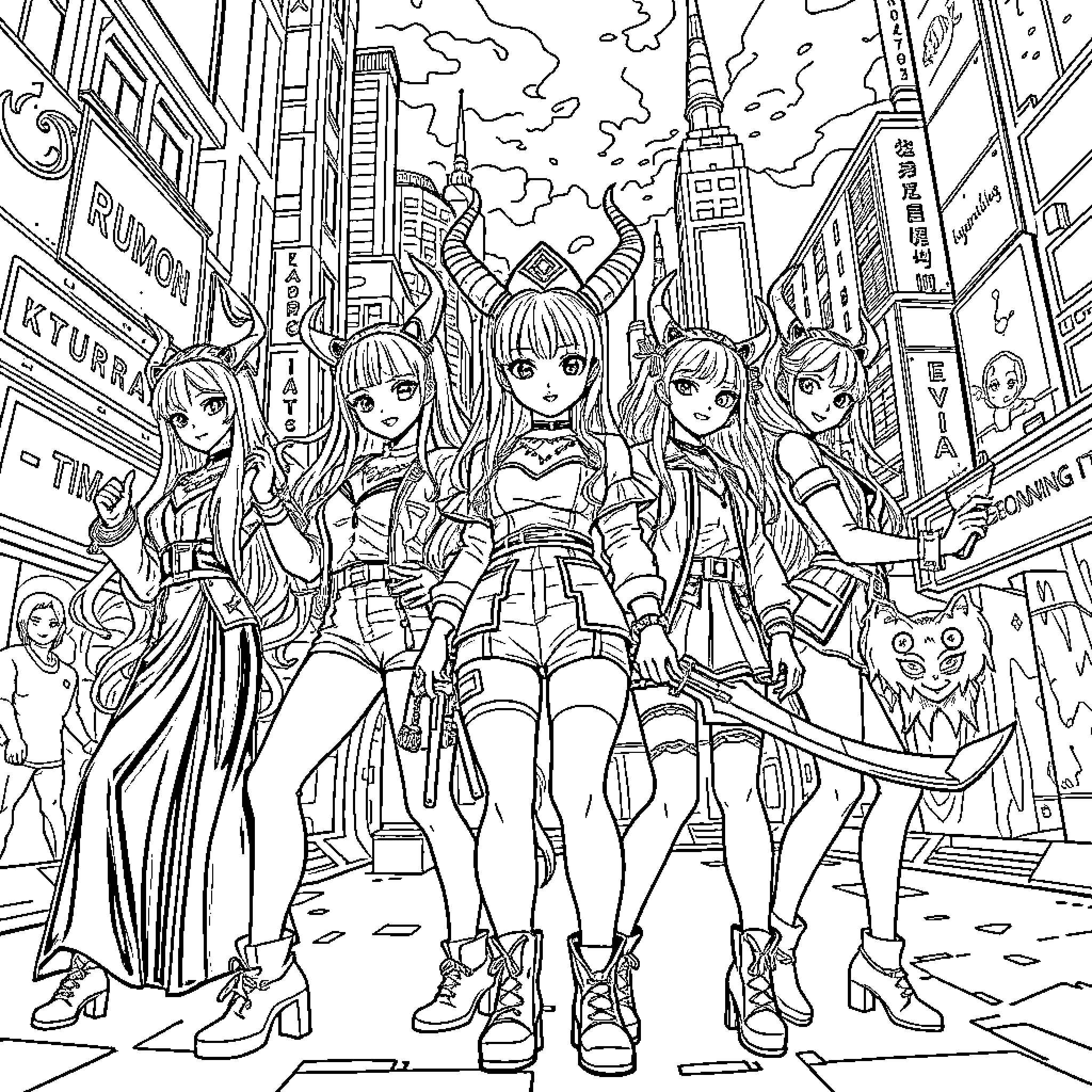 Demon Hunter Squad Taking Over the City Streets Coloring Page (free black-and-white line drawing printable PDF for all, from beginners to advanced learners, including children, teens, adults, and seniors)