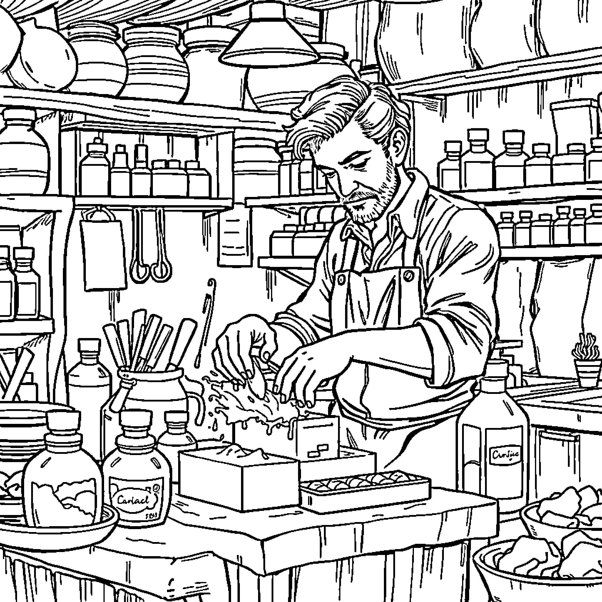 Soap Maker crafting his products in a bustling workshop Coloring Page (free black-and-white line drawing printable PDF for all, from beginners to advanced learners, including children, teens, adults, and seniors)