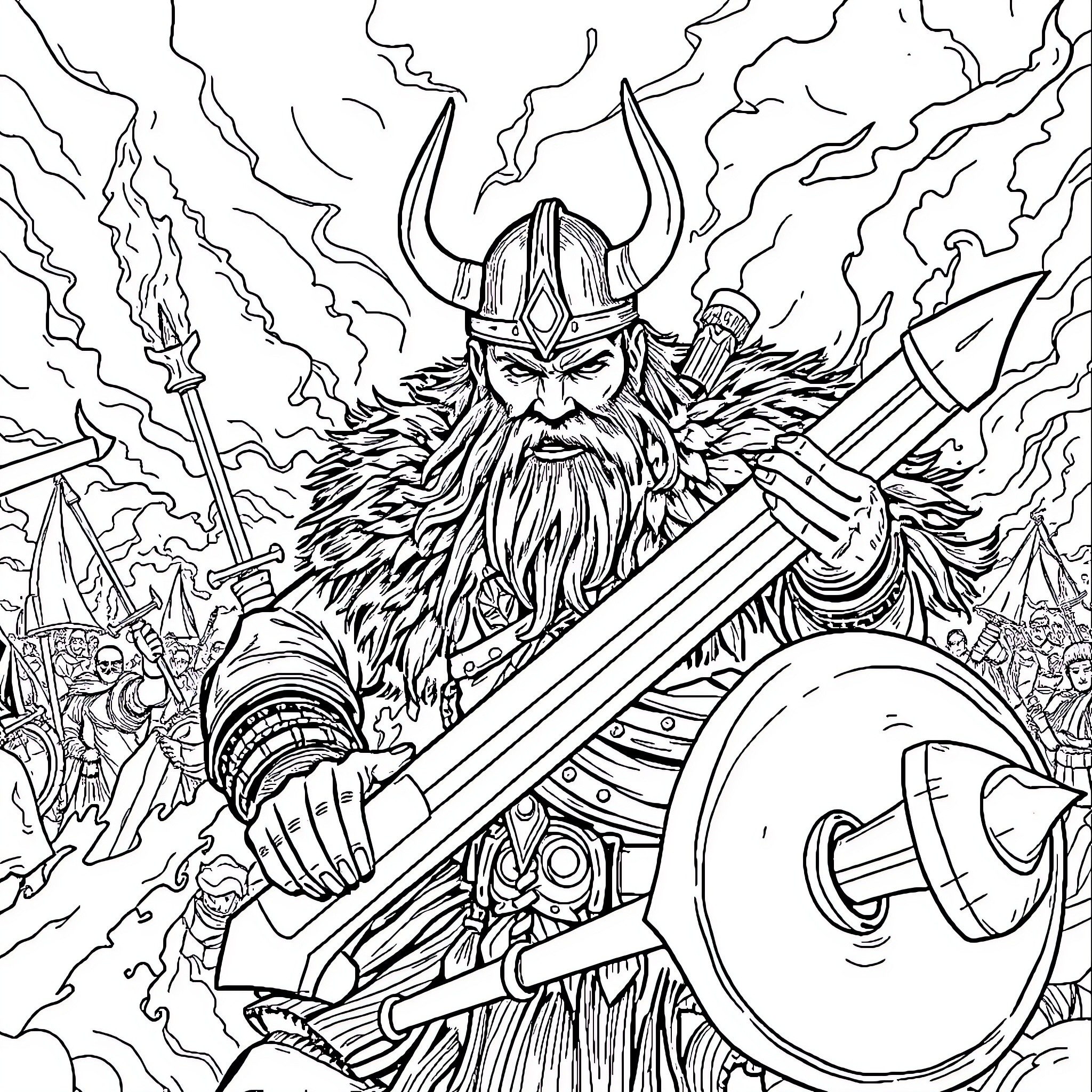 Viking warrior in battle with lightning and army Coloring Page (free black-and-white line drawing printable PDF for all, from beginners to advanced learners, including children, teens, adults, and seniors)