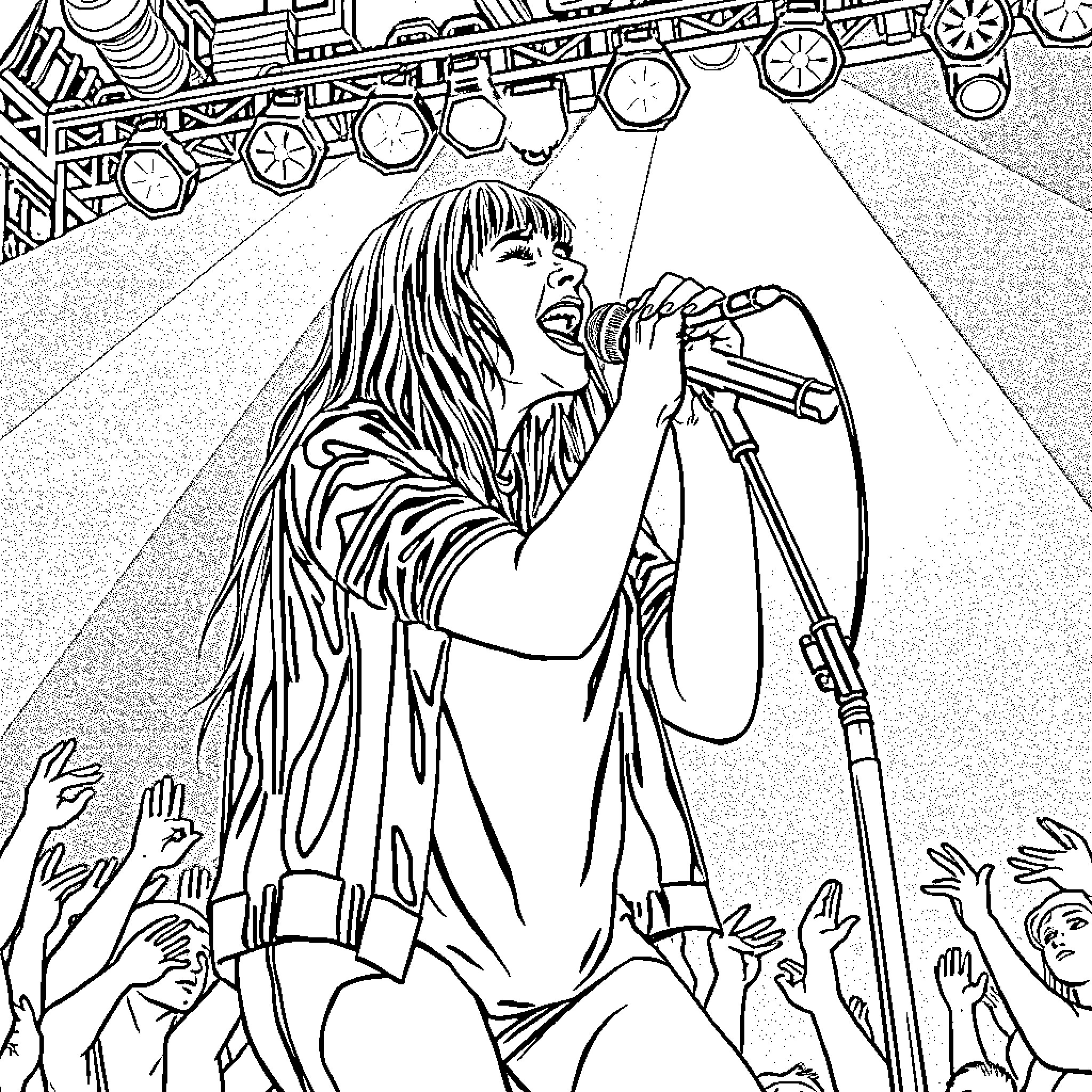 Billie Eilish performing passionately on stage Coloring Page (free black-and-white line drawing printable PDF for all, from beginners to advanced learners, including children, teens, adults, and seniors)