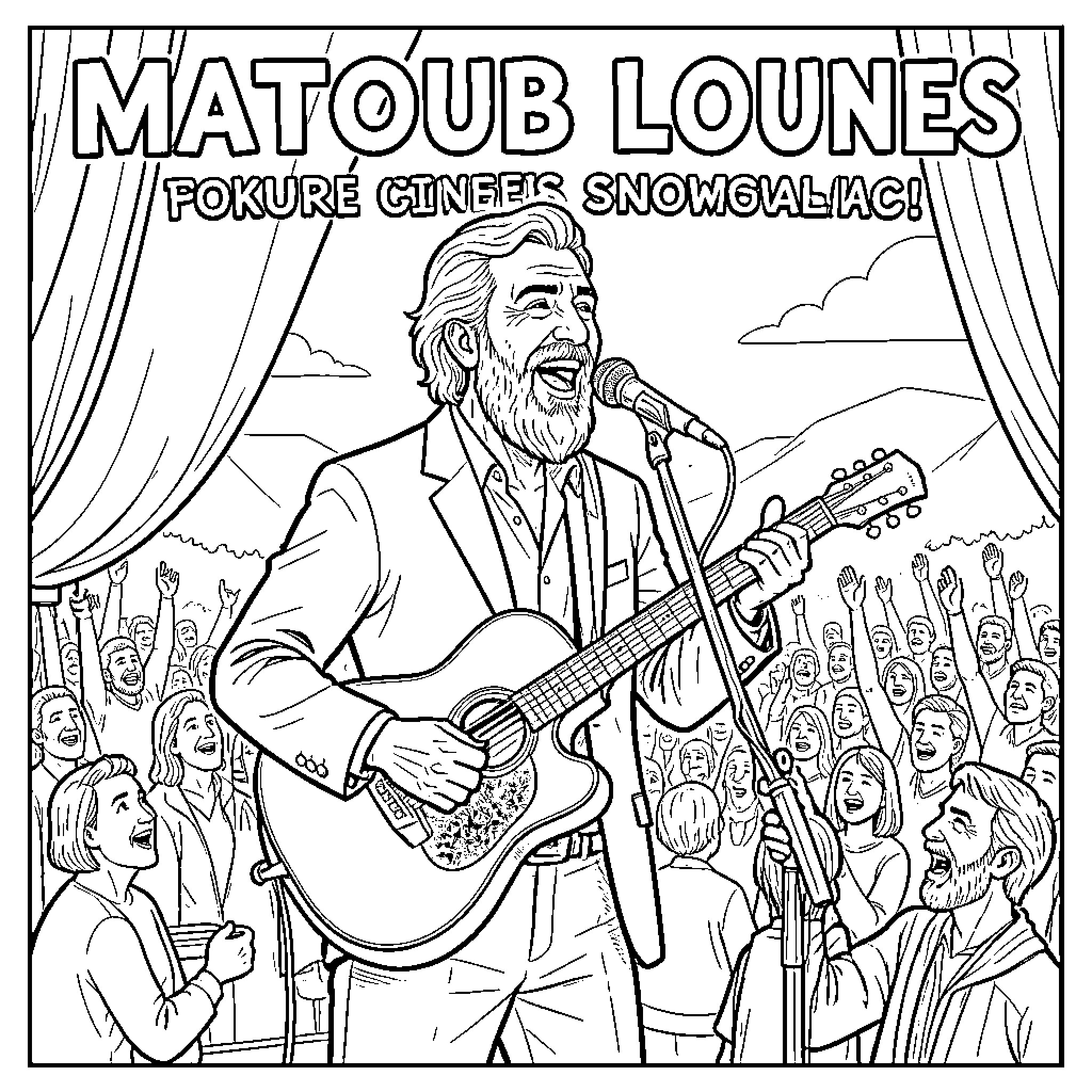 Matoub Lounes singing with a guitar for a crowd Coloring Page (free black-and-white line drawing printable PDF for all, from beginners to advanced learners, including children, teens, adults, and seniors)