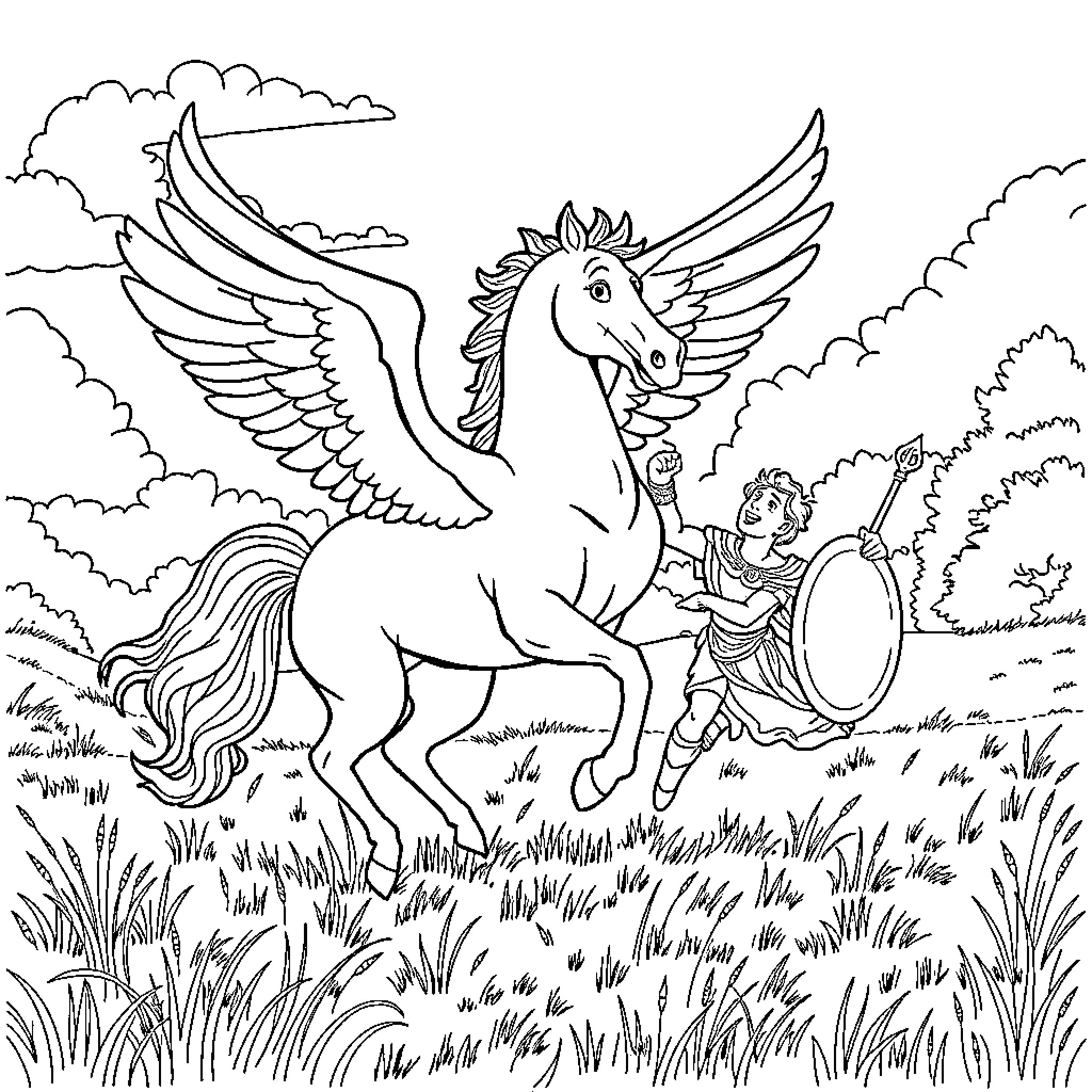 Hercules riding a winged mythical horse in a magical meadow Coloring Page (free black-and-white line drawing printable PDF for all, from beginners to advanced learners, including children, teens, adults, and seniors)