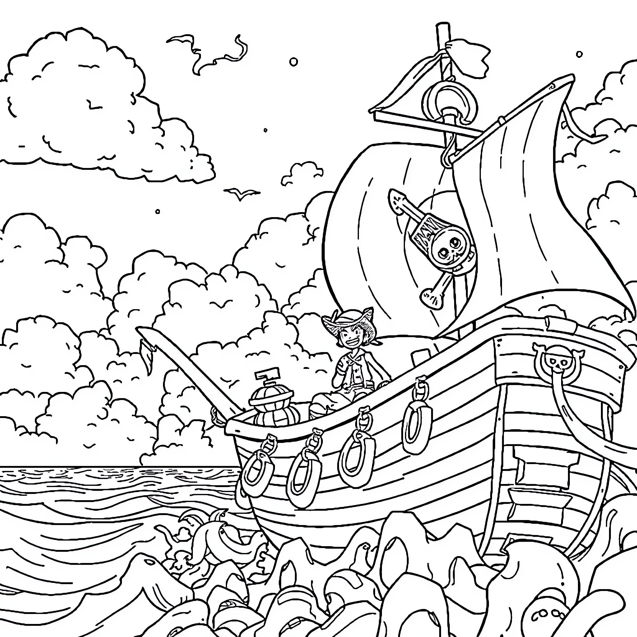 One Piece Crew Sailing on Pirate Ship Coloring Page (free black-and-white line drawing printable PDF for all, from beginners to advanced learners, including children, teens, adults, and seniors)