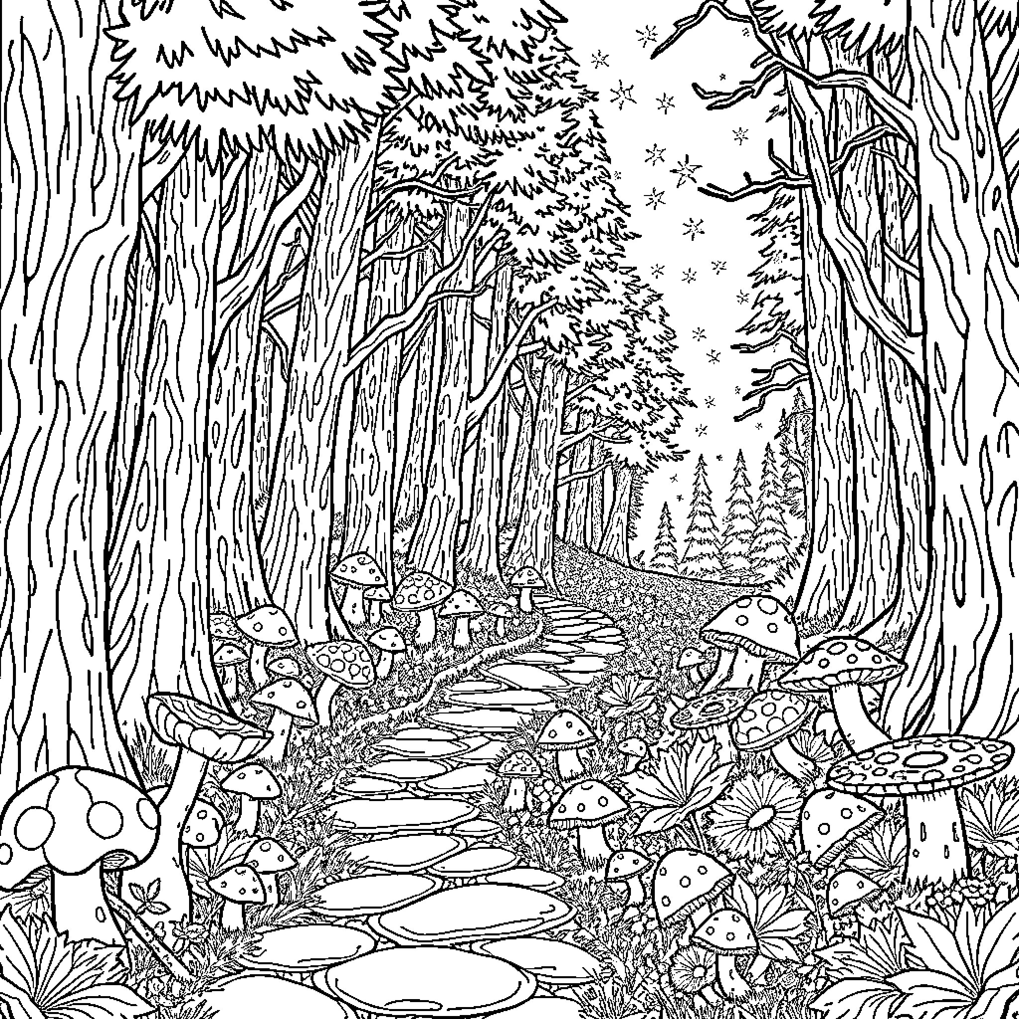 Forest Pathway Among Lush Vegetation and Whimsical Mushrooms Coloring Page (free black-and-white line drawing printable PDF for all, from beginners to advanced learners, including children, teens, adults, and seniors)