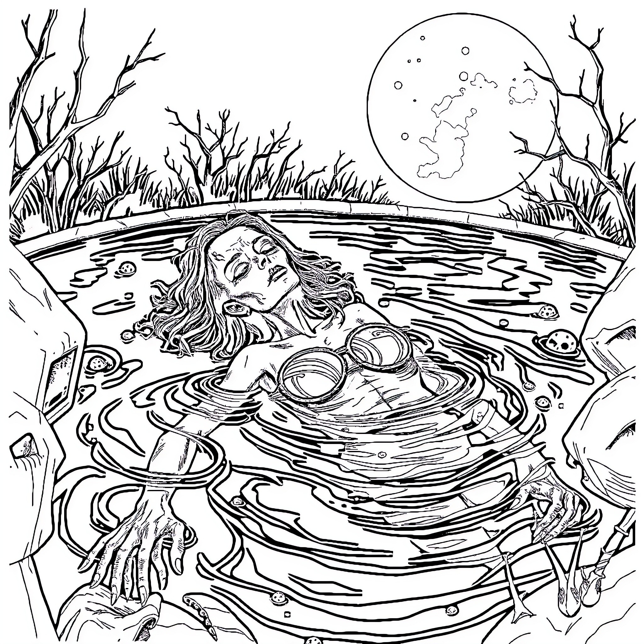 Zombie Awakening in Eerie Moonlit Pond Coloring Page (free black-and-white line drawing printable PDF for all, from beginners to advanced learners, including children, teens, adults, and seniors)