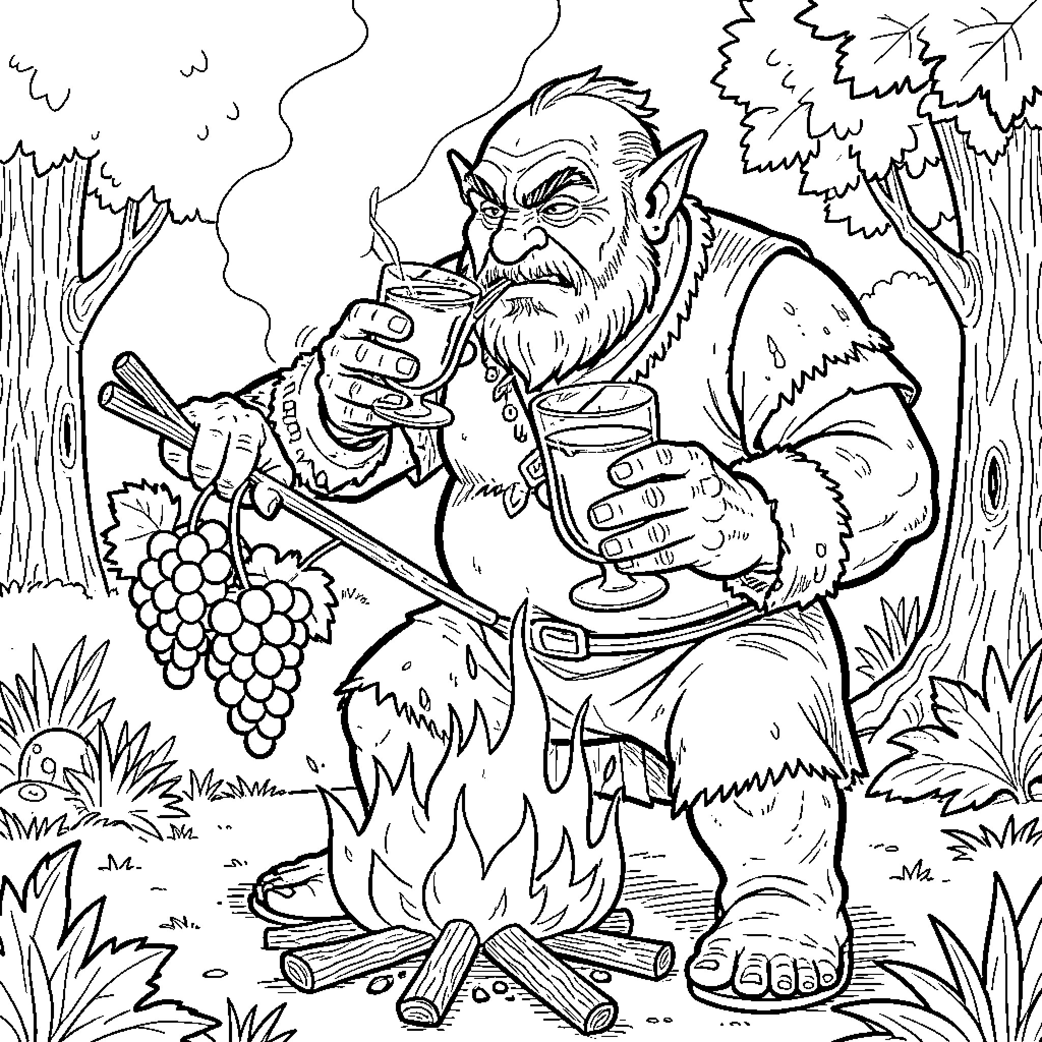 Ogre grilling sausages over a campfire in the forest Coloring Page (free black-and-white line drawing printable PDF for all, from beginners to advanced learners, including children, teens, adults, and seniors)