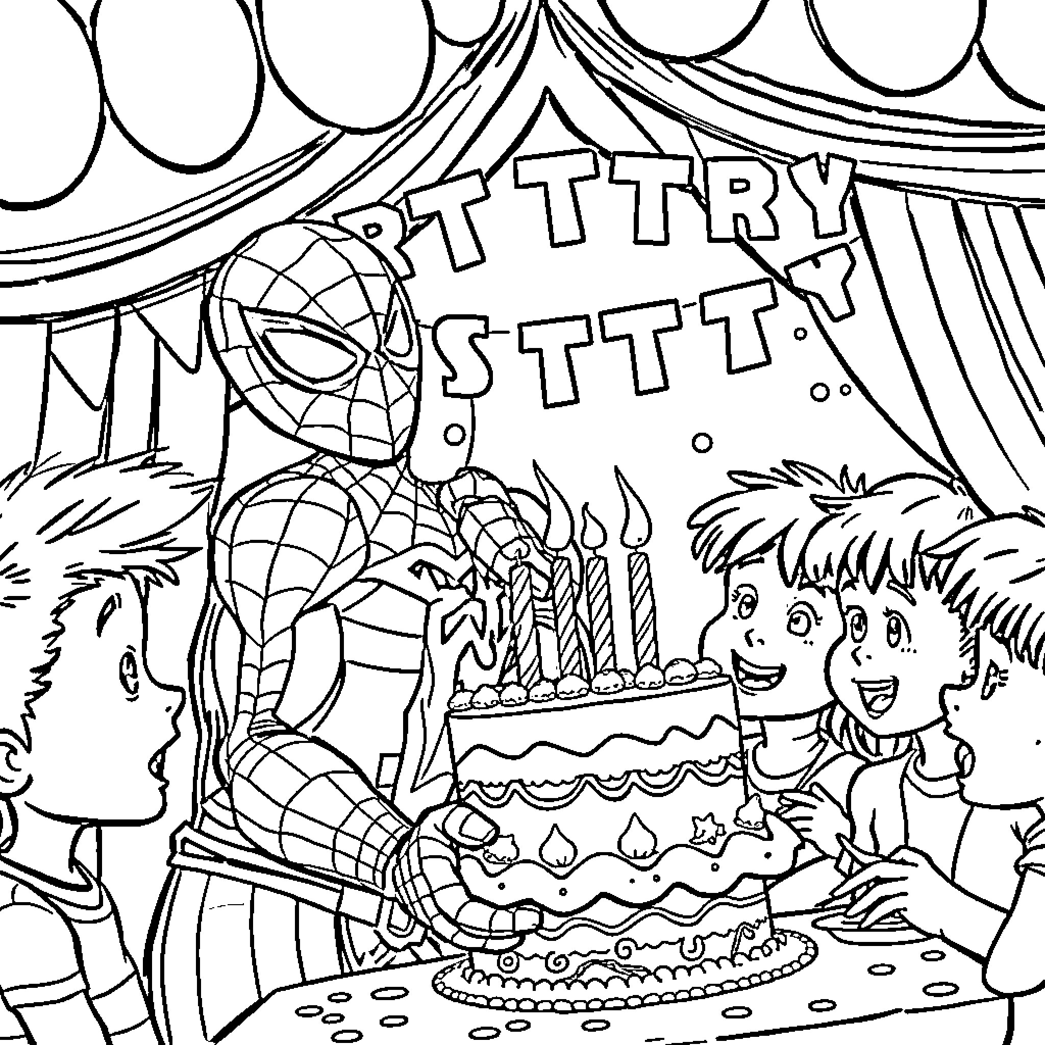 Spider-Man Celebrates Birthday with Friends Coloring Page (free black-and-white line drawing printable PDF for all, from beginners to advanced learners, including children, teens, adults, and seniors)