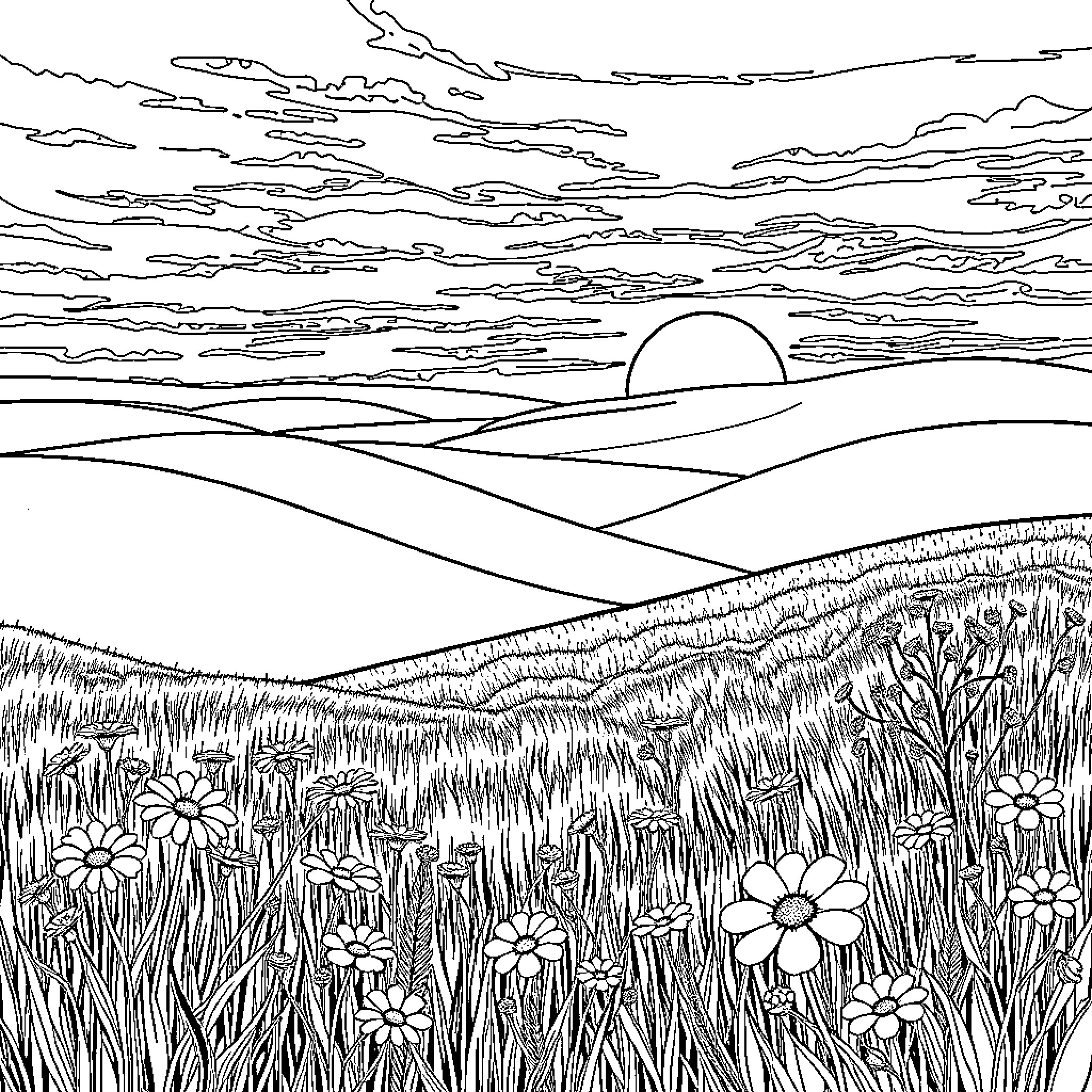 Prairie Landscape with Sunset and Wildflowers Coloring Page (free black-and-white line drawing printable PDF for all, from beginners to advanced learners, including children, teens, adults, and seniors)