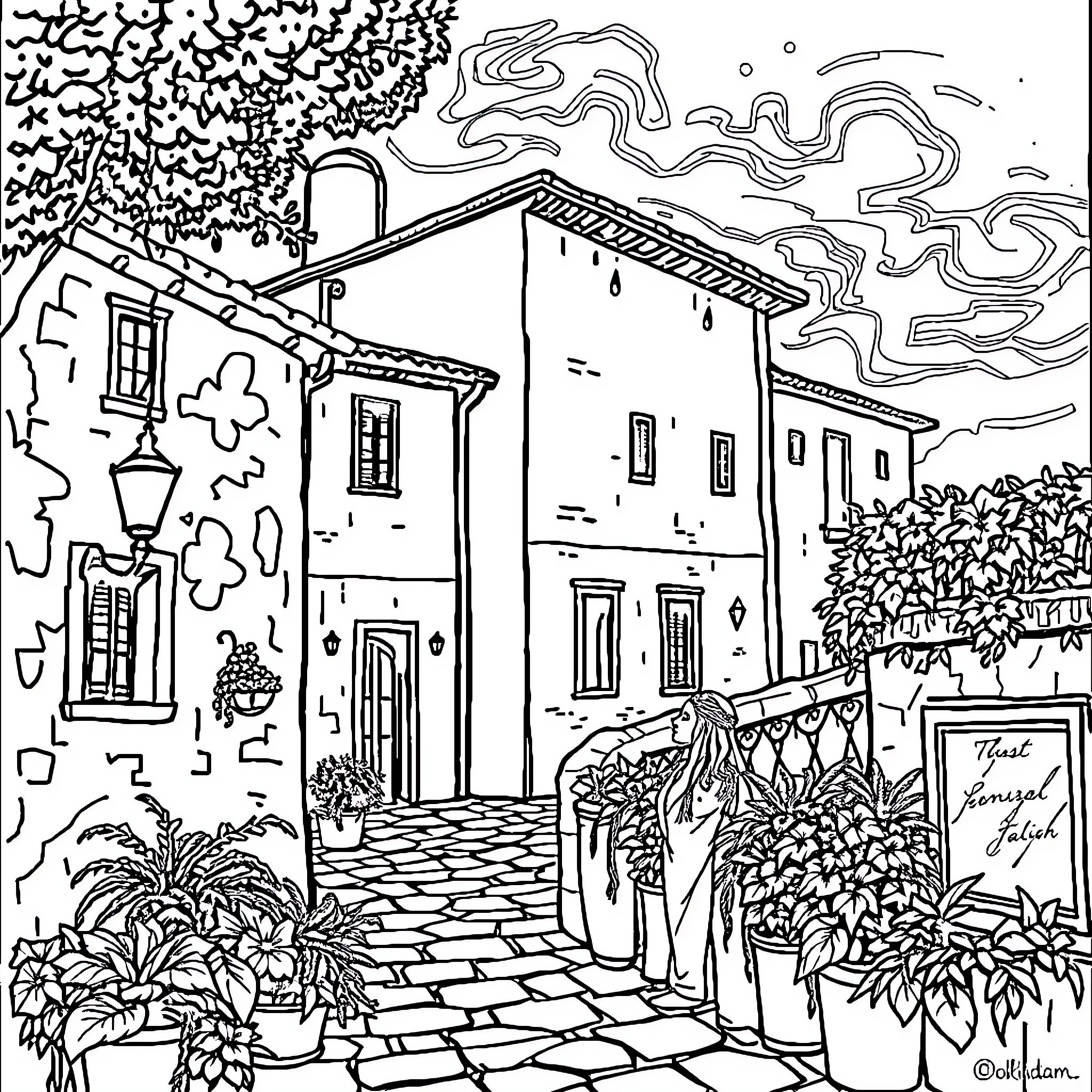 Brain Sketch of an Idyllic Village Street Scene Coloring Page (free black-and-white line drawing printable PDF for all, from beginners to advanced learners, including children, teens, adults, and seniors)