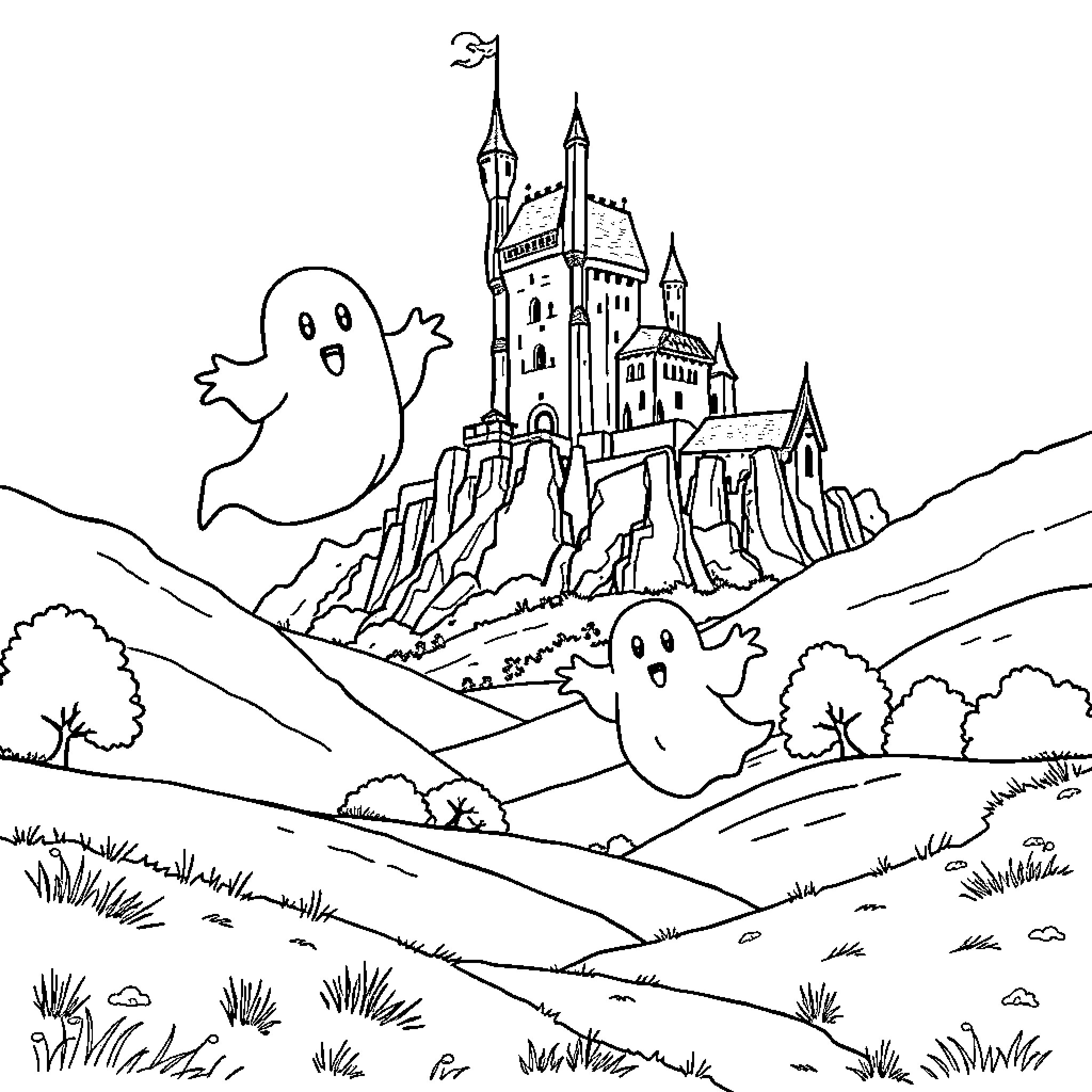 Ghost Spirits Exploring a Magical Castle Landscape Coloring Page (free black-and-white line drawing printable PDF for all, from beginners to advanced learners, including children, teens, adults, and seniors)