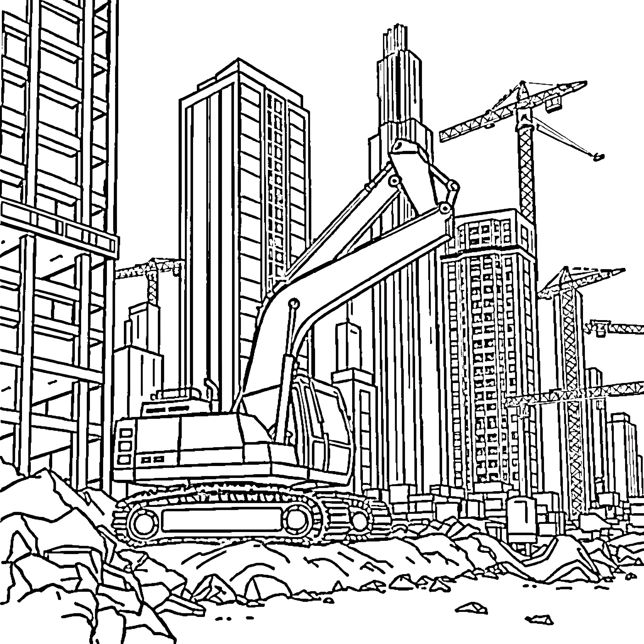 Excavator operating in a bustling urban construction site Coloring Page (free black-and-white line drawing printable PDF for all, from beginners to advanced learners, including children, teens, adults, and seniors)