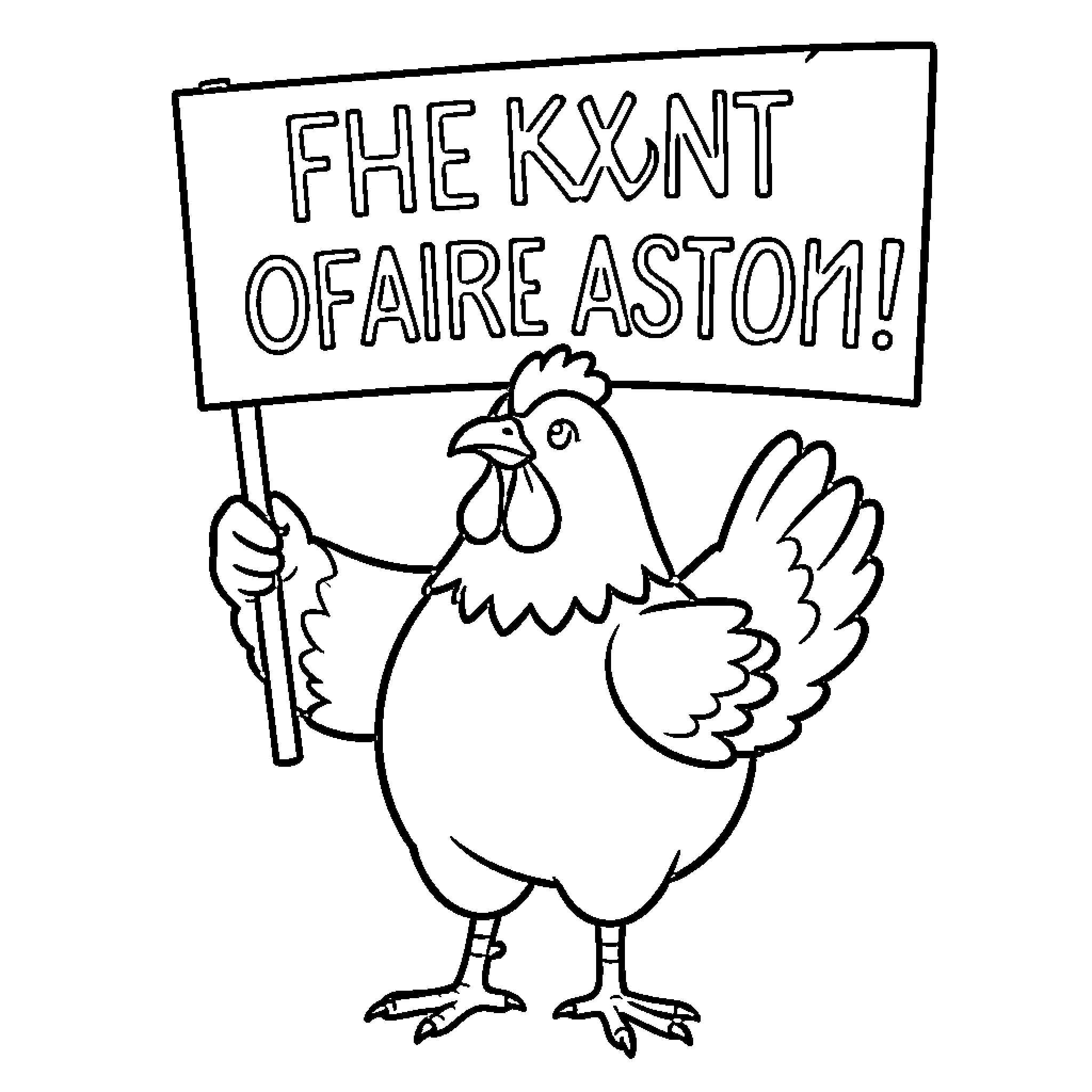 Hen protesting for fair treatment Coloring Page (free black-and-white line drawing printable PDF for all, from beginners to advanced learners, including children, teens, adults, and seniors)
