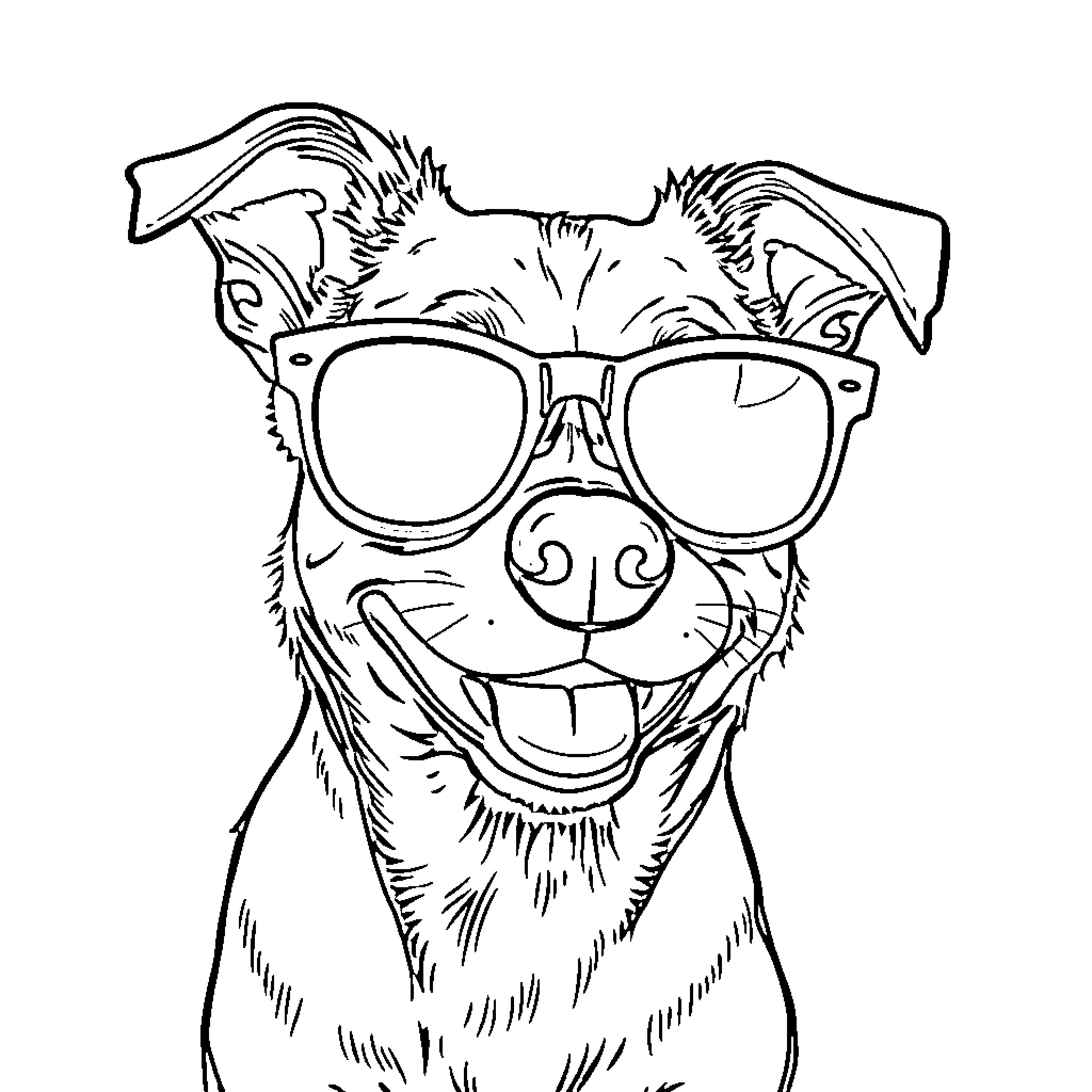 Dog wearing trendy sunglasses and smiling Coloring Page (free black-and-white line drawing printable PDF for all, from beginners to advanced learners, including children, teens, adults, and seniors)