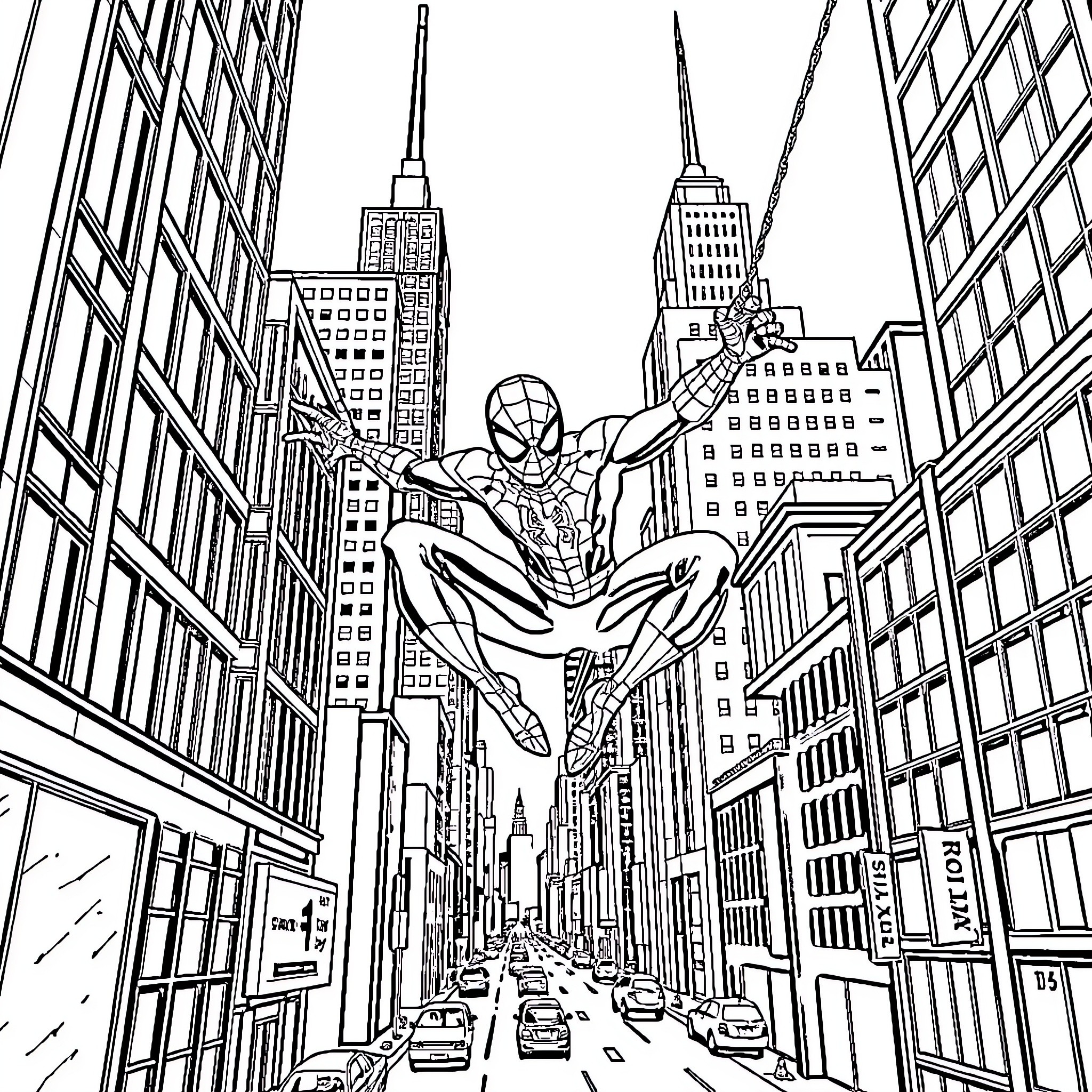 Spiderman swinging through the busy city streets Coloring Page (free black-and-white line drawing printable PDF for all, from beginners to advanced learners, including children, teens, adults, and seniors)