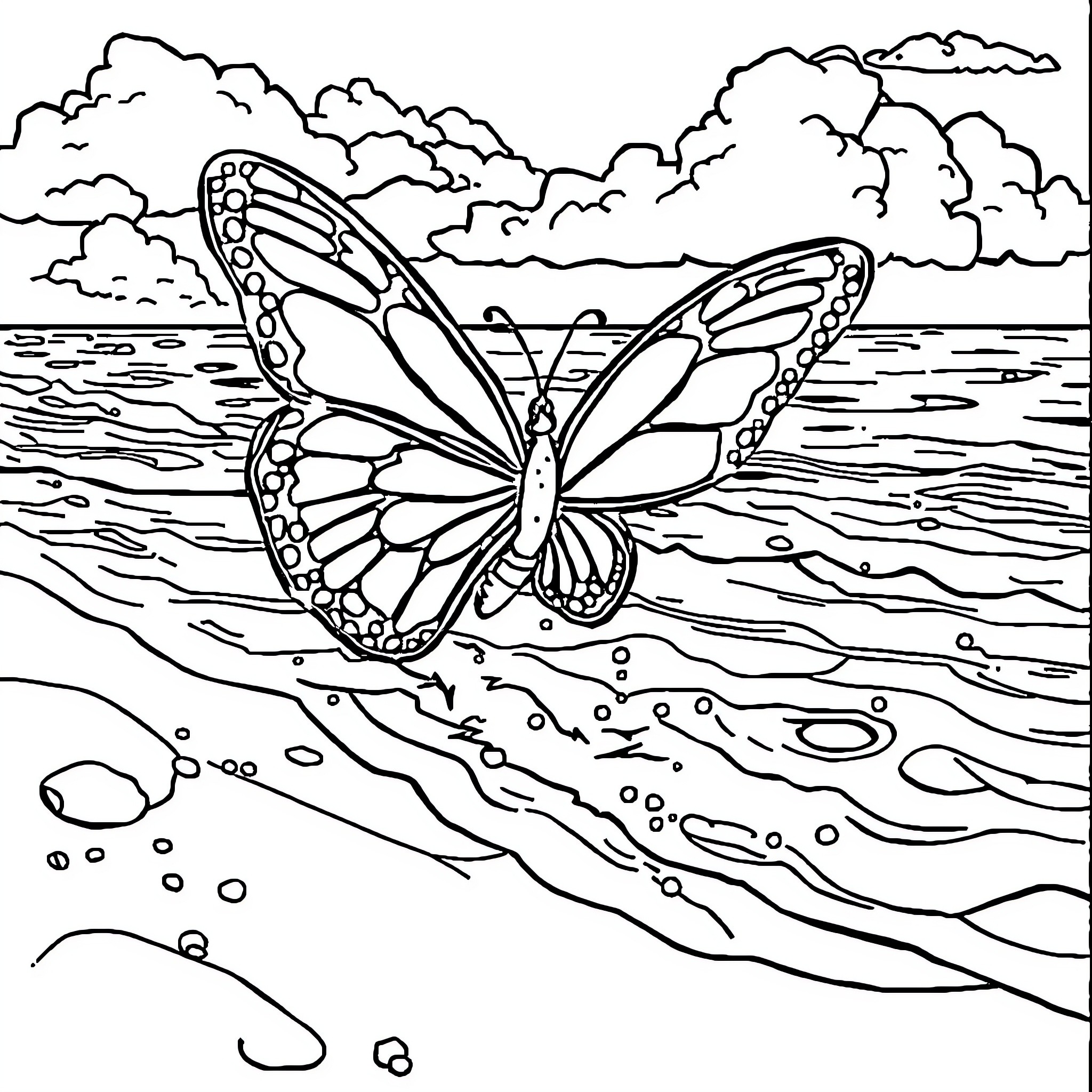 Butterfly taking flight over the water Coloring Page (free black-and-white line drawing printable PDF for all, from beginners to advanced learners, including children, teens, adults, and seniors)