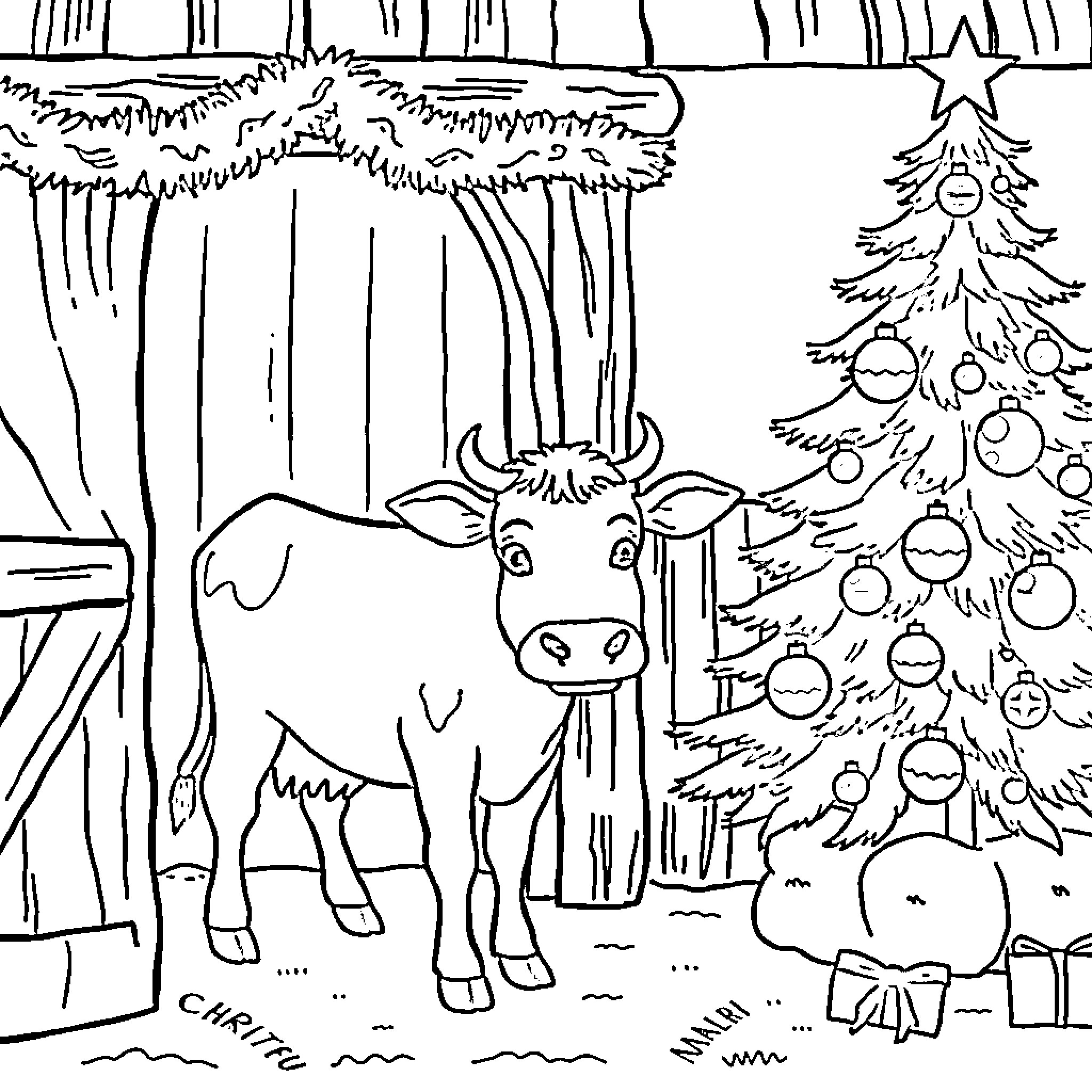 Cow admiring Christmas tree in wintry forest Coloring Page (free black-and-white line drawing printable PDF for all, from beginners to advanced learners, including children, teens, adults, and seniors)