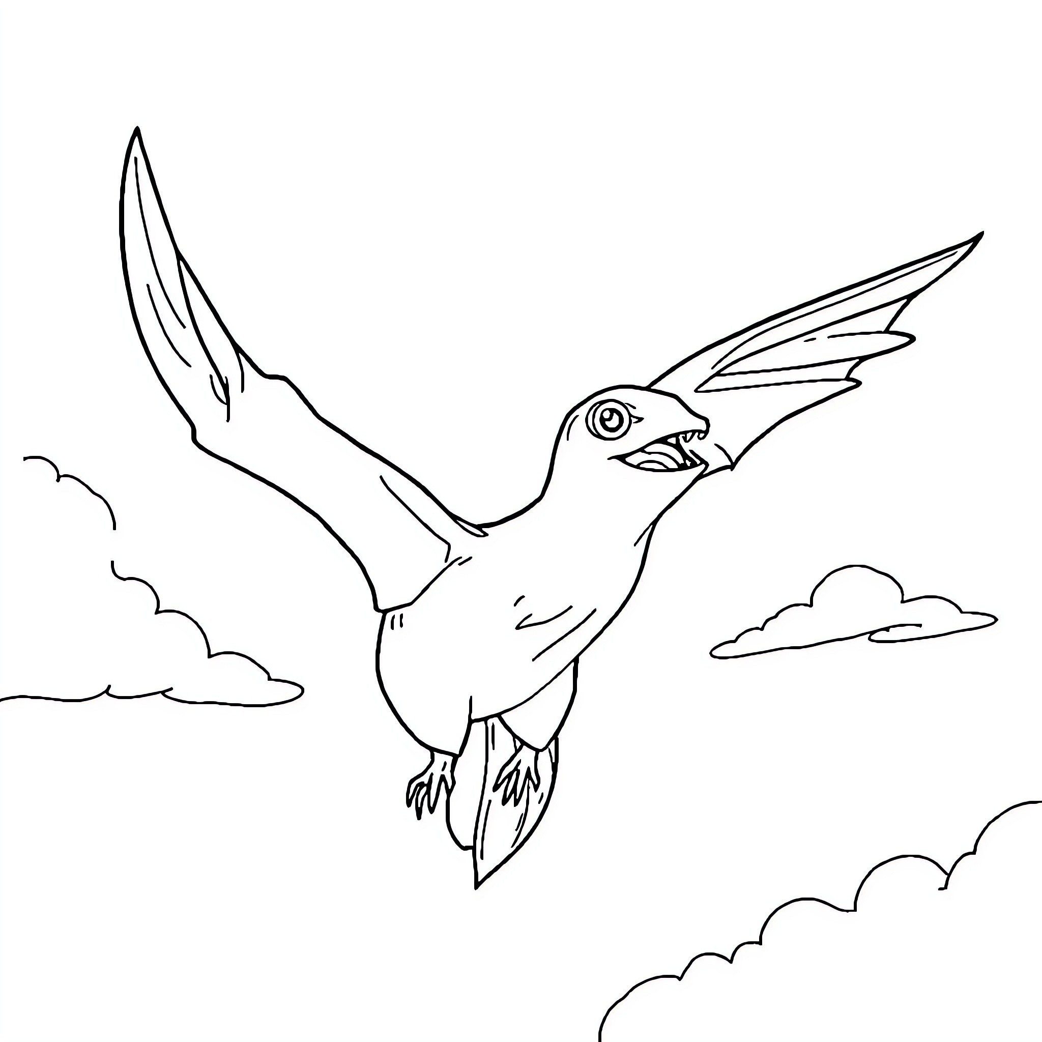 Toothless dragon-like creature flying in the sky Coloring Page (free black-and-white line drawing printable PDF for all, from beginners to advanced learners, including children, teens, adults, and seniors)