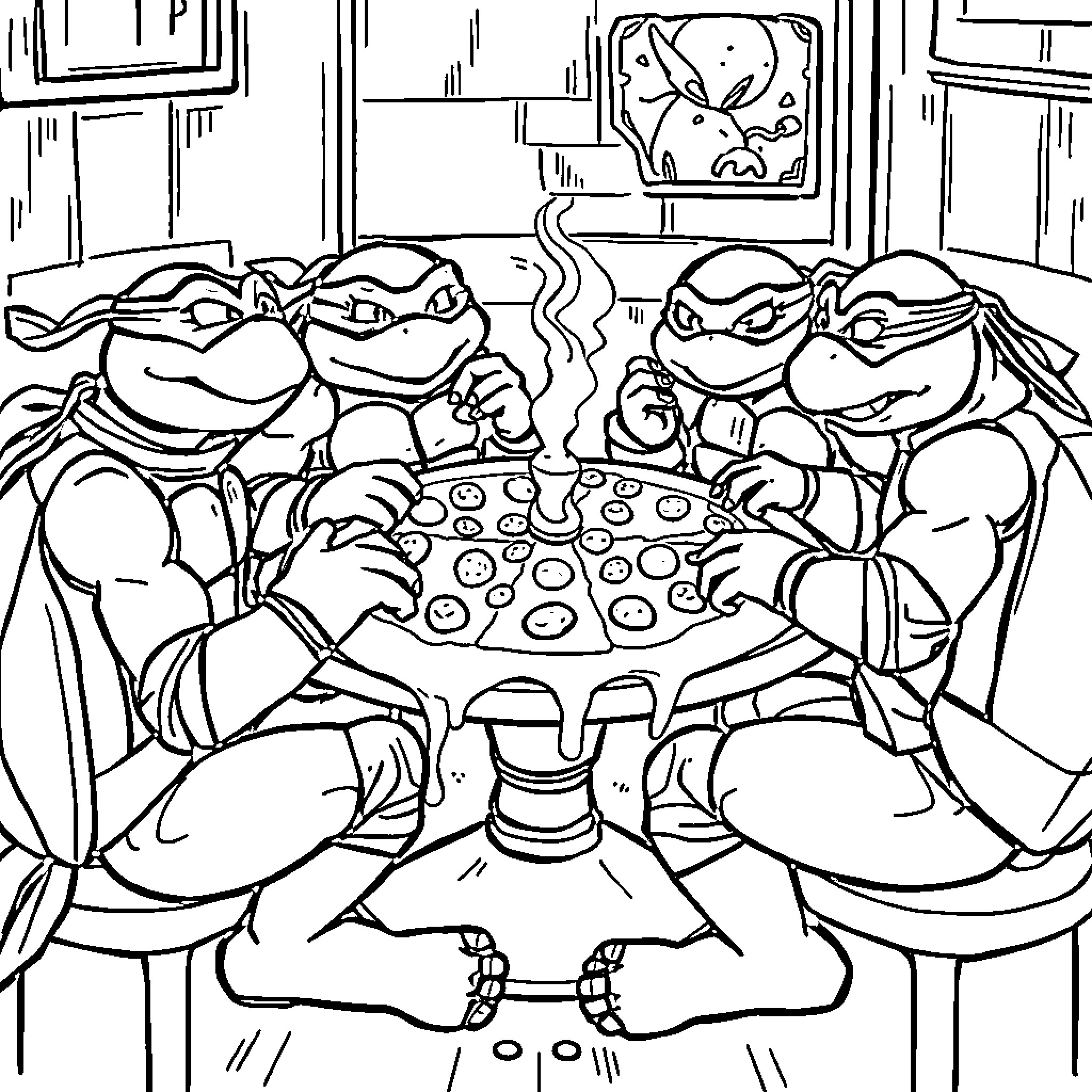 Teenage Mutant Ninja Turtles Enjoying a Pepperoni Pizza Party Coloring Page (free black-and-white line drawing printable PDF for all, from beginners to advanced learners, including children, teens, adults, and seniors)