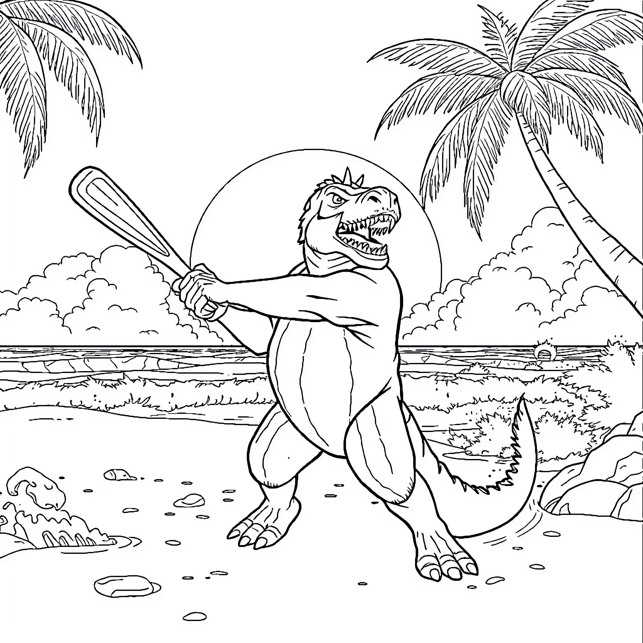Kingdomius Rex on Tropical Beach Adventure Coloring Page (free black-and-white line drawing printable PDF for all, from beginners to advanced learners, including children, teens, adults, and seniors)