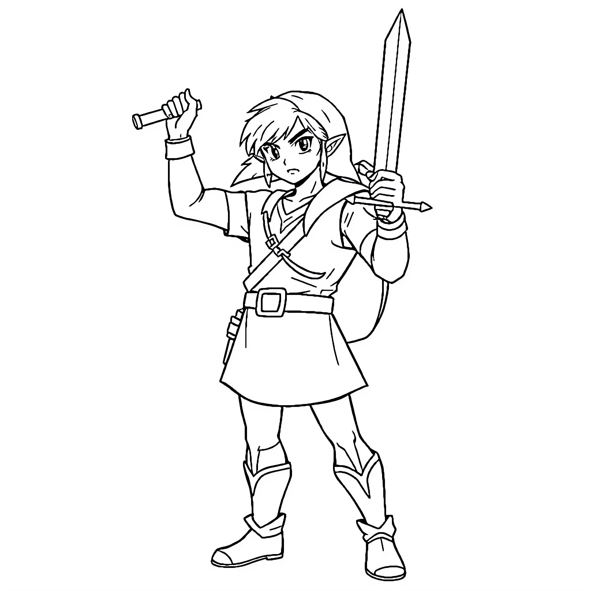 Link's Adventure with Sword and Telescope Coloring Page (free black-and-white line drawing printable PDF for all, from beginners to advanced learners, including children, teens, adults, and seniors)