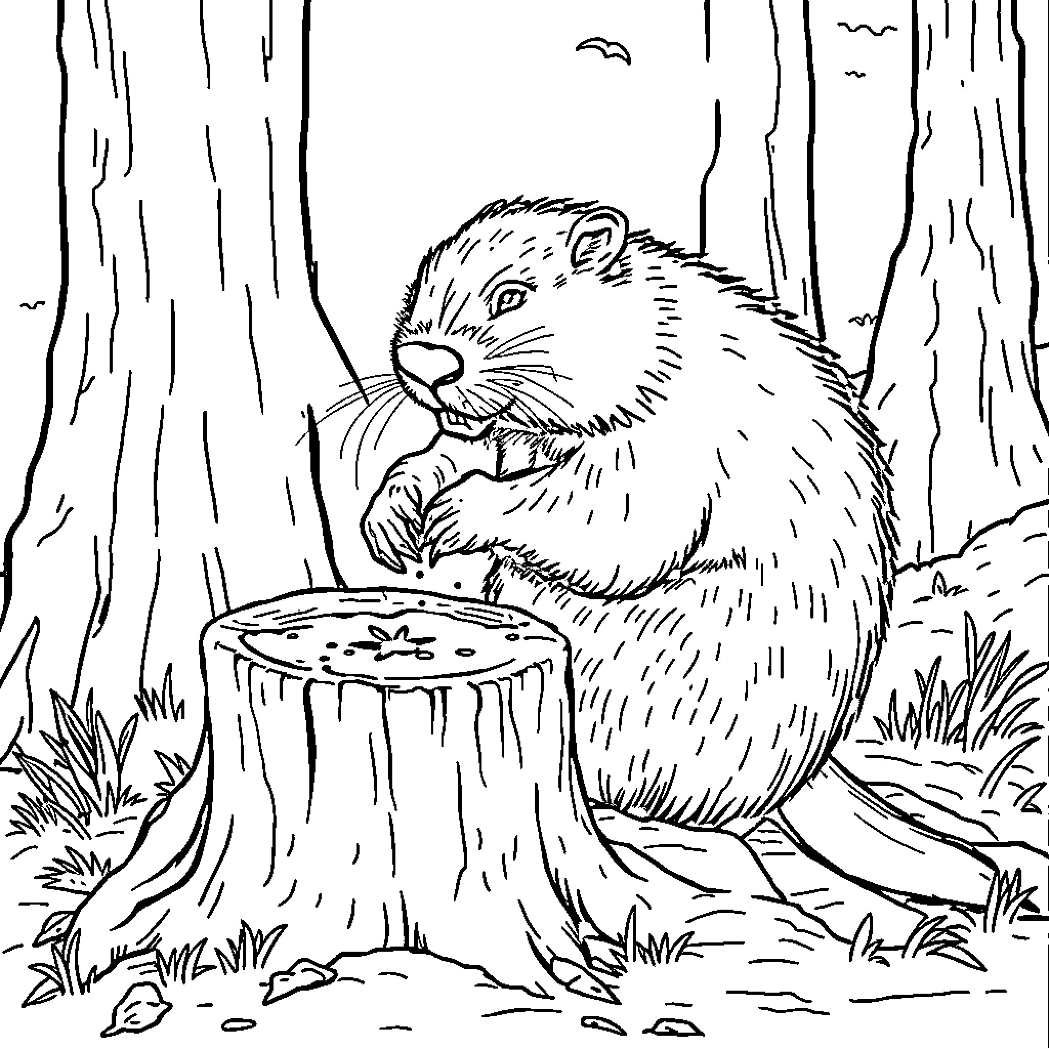 Beaver inspecting fallen tree in forest Coloring Page (free black-and-white line drawing printable PDF for all, from beginners to advanced learners, including children, teens, adults, and seniors)