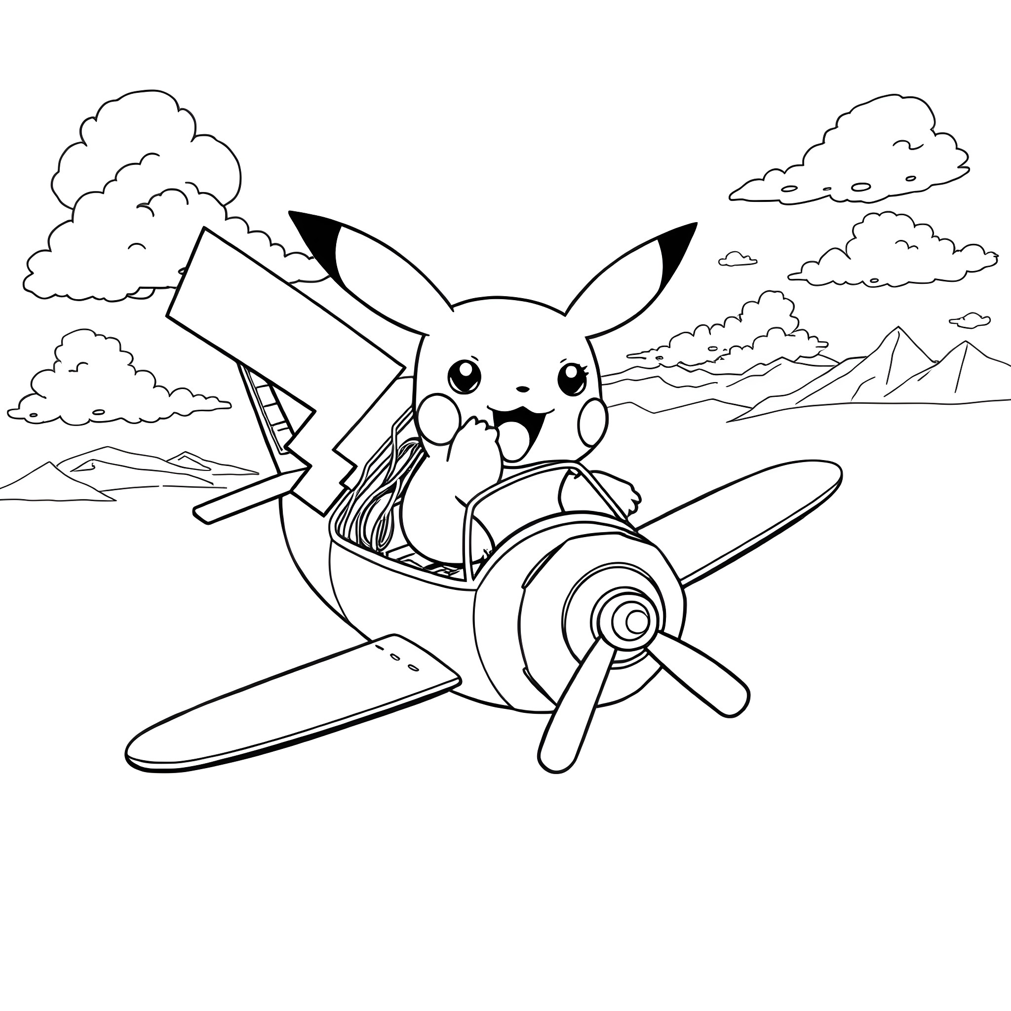 Pikachu flying an airplane in the sky Coloring Page (free black-and-white line drawing printable PDF for all, from beginners to advanced learners, including children, teens, adults, and seniors)