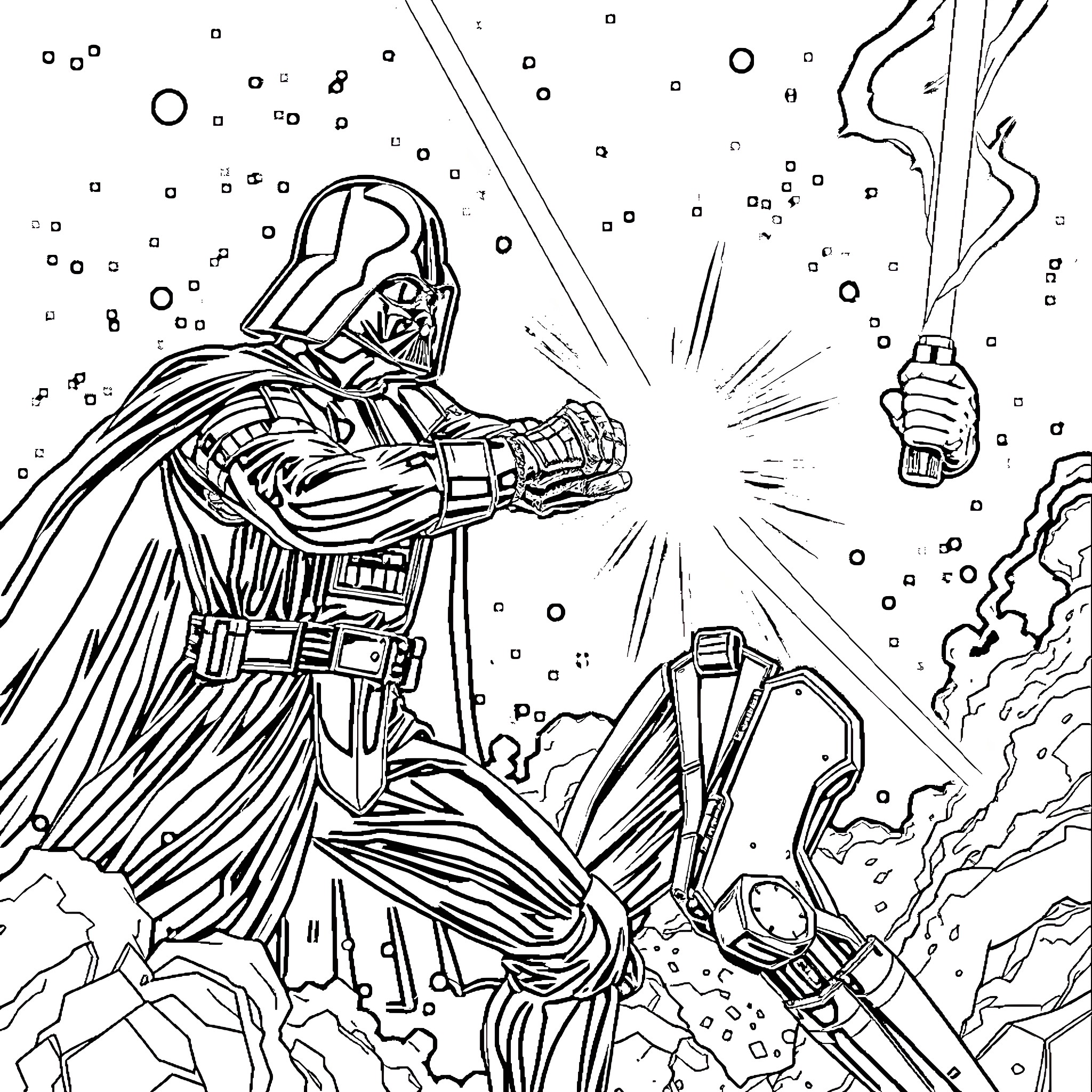 Lightsaber battle in the cosmos Coloring Page (free black-and-white line drawing printable PDF for all, from beginners to advanced learners, including children, teens, adults, and seniors)