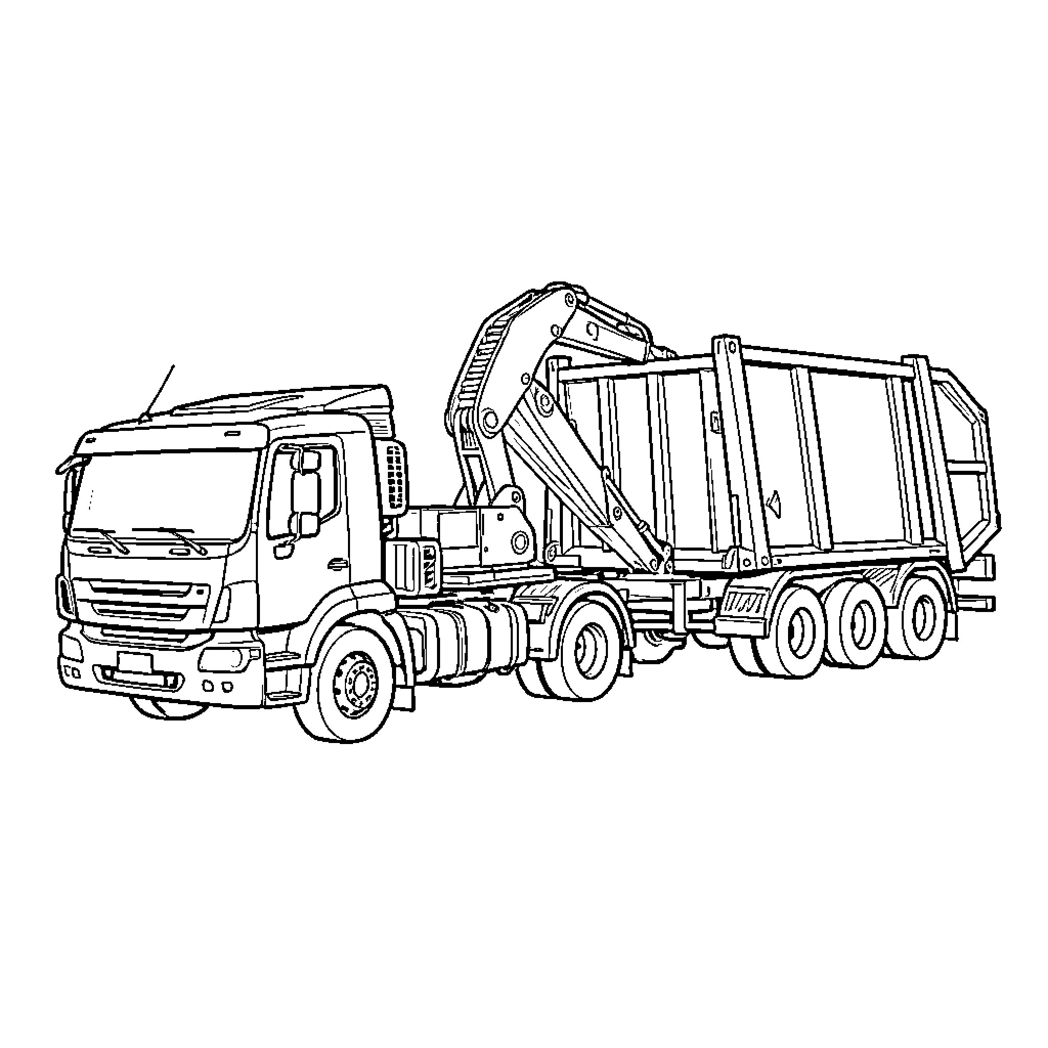 Camion transporting a large container with a hydraulic lift Coloring Page (free black-and-white line drawing printable PDF for all, from beginners to advanced learners, including children, teens, adults, and seniors)