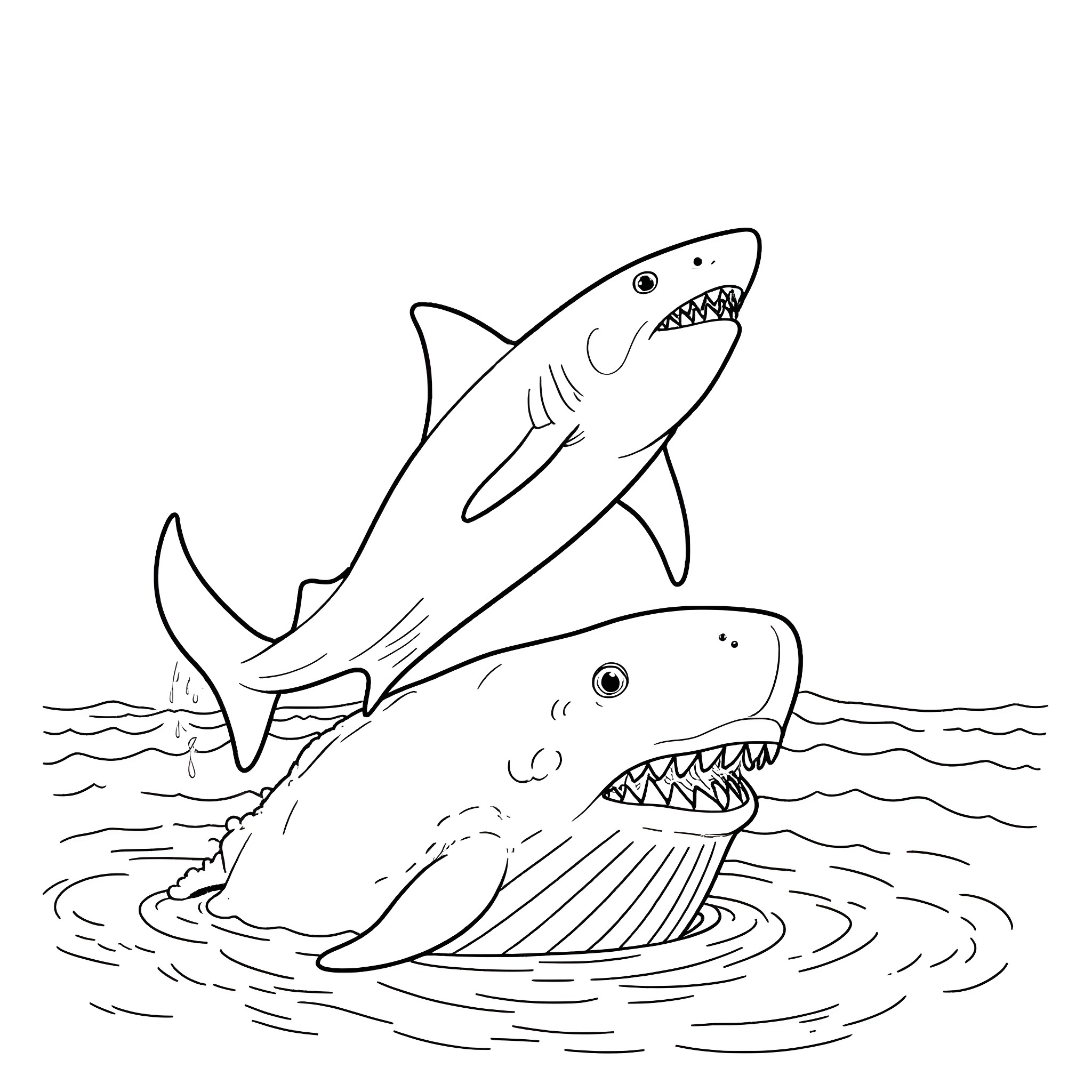 Sharks swimming in the ocean Coloring Page (free black-and-white line drawing printable PDF for all, from beginners to advanced learners, including children, teens, adults, and seniors)