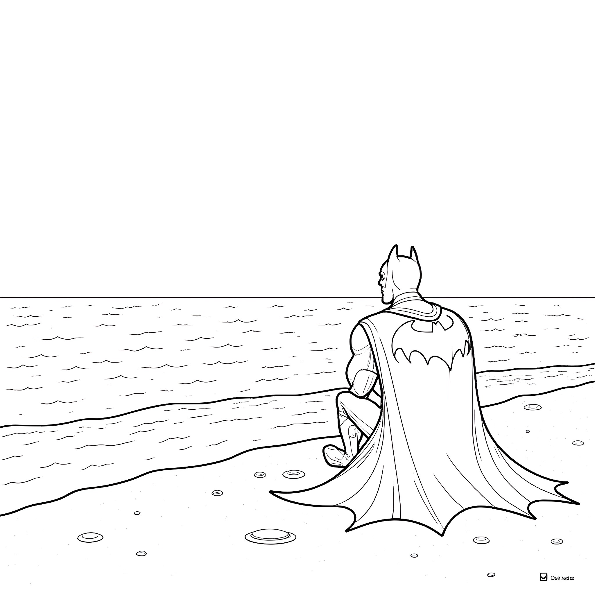 Batman gazing at the ocean in contemplation Coloring Page (free black-and-white line drawing printable PDF for all, from beginners to advanced learners, including children, teens, adults, and seniors)