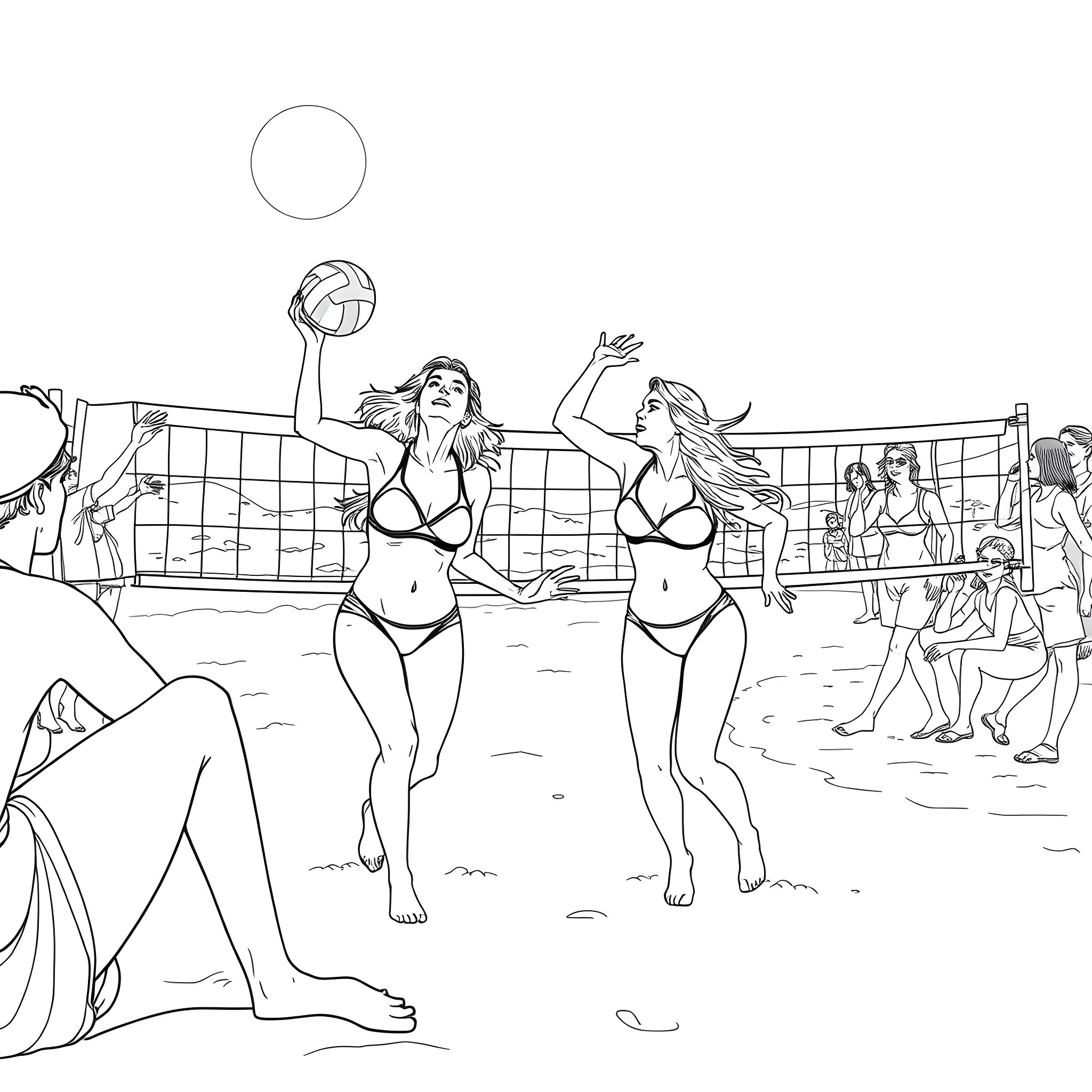 Jessica Biel and friends playing volleyball on the beach Coloring Page (free black-and-white line drawing printable PDF for all, from beginners to advanced learners, including children, teens, adults, and seniors)