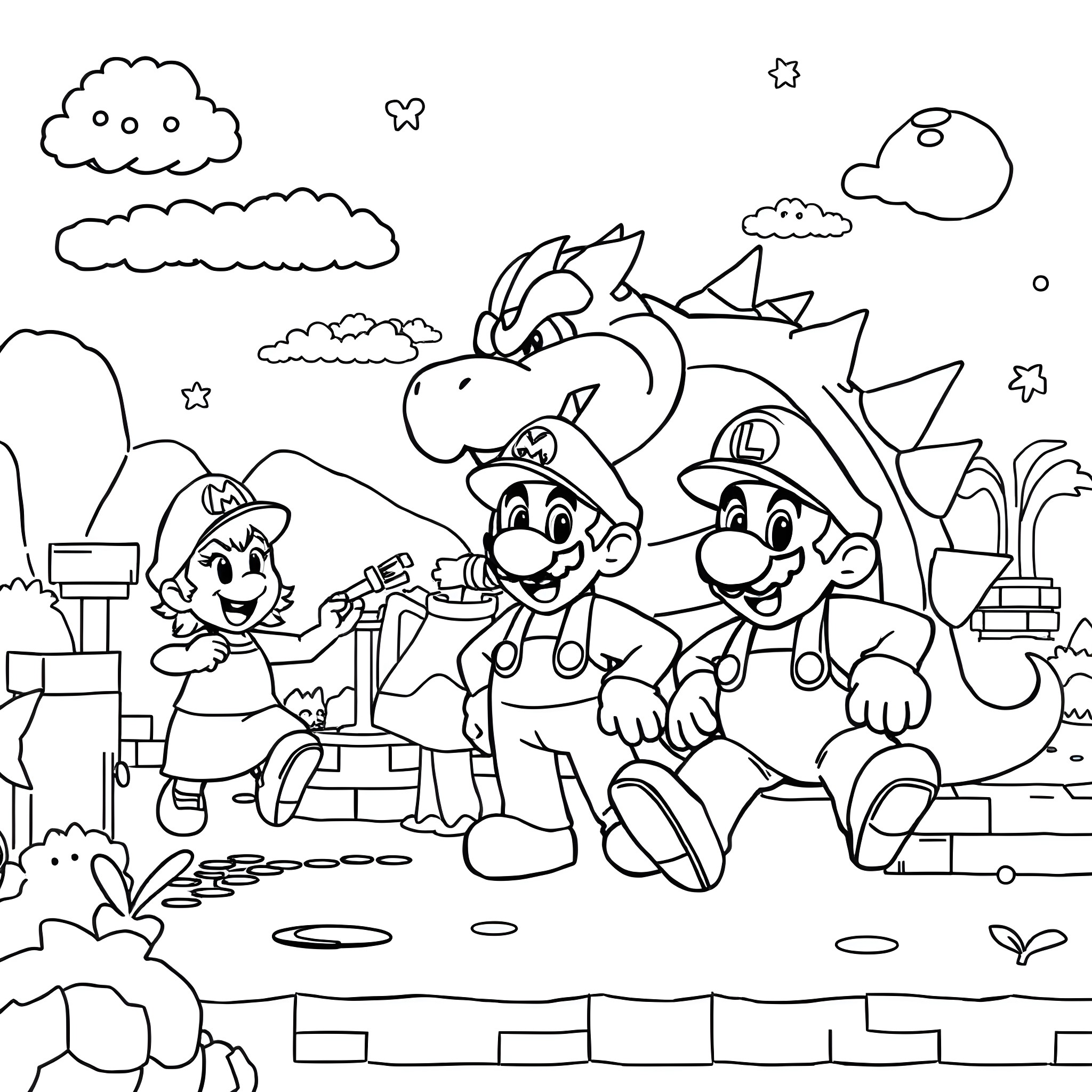 Super Mario and Friends' Adventurous Escapades Coloring Page (free black-and-white line drawing printable PDF for all, from beginners to advanced learners, including children, teens, adults, and seniors)