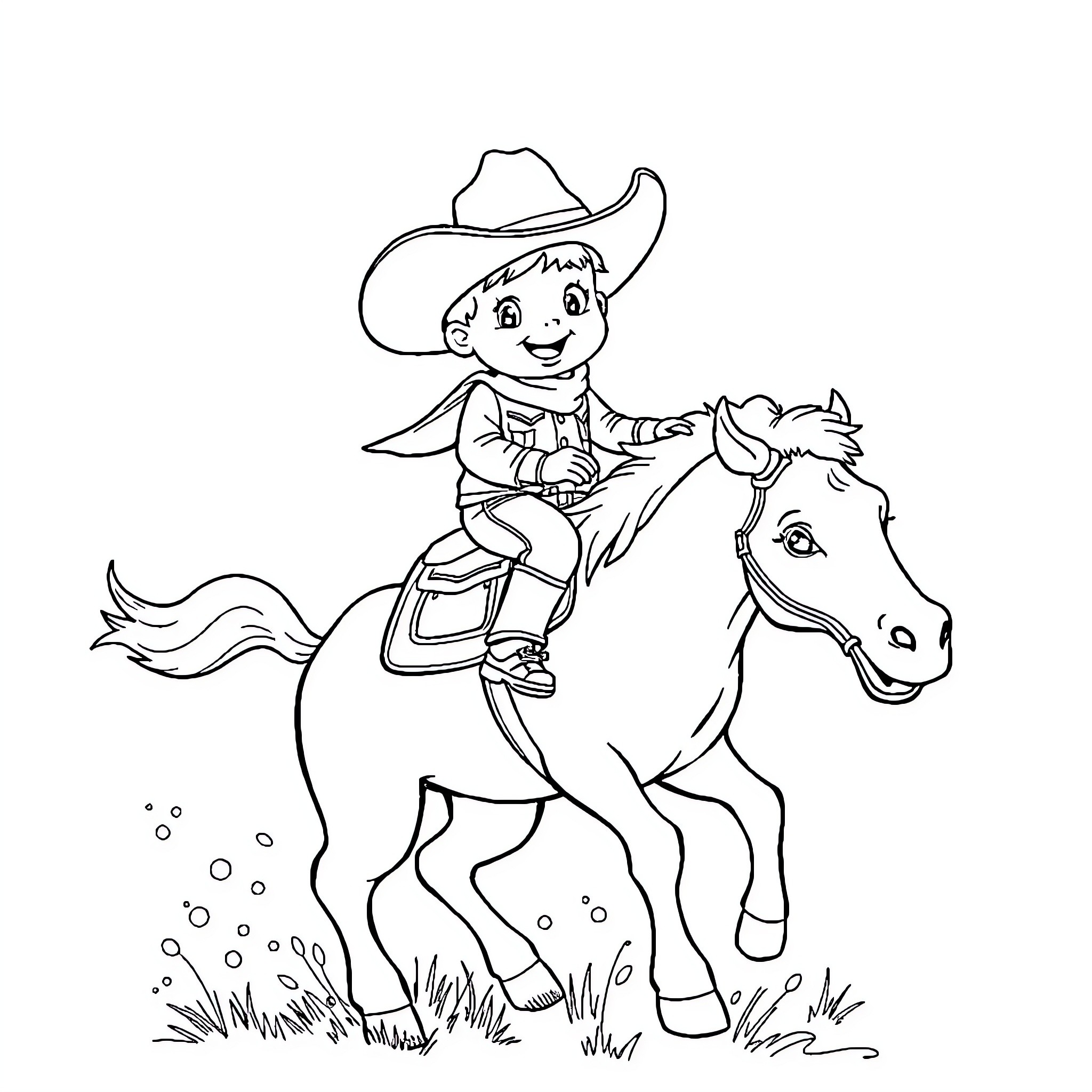 Toddler cowboy riding on a horse Coloring Page (free black-and-white line drawing printable PDF for all, from beginners to advanced learners, including children, teens, adults, and seniors)