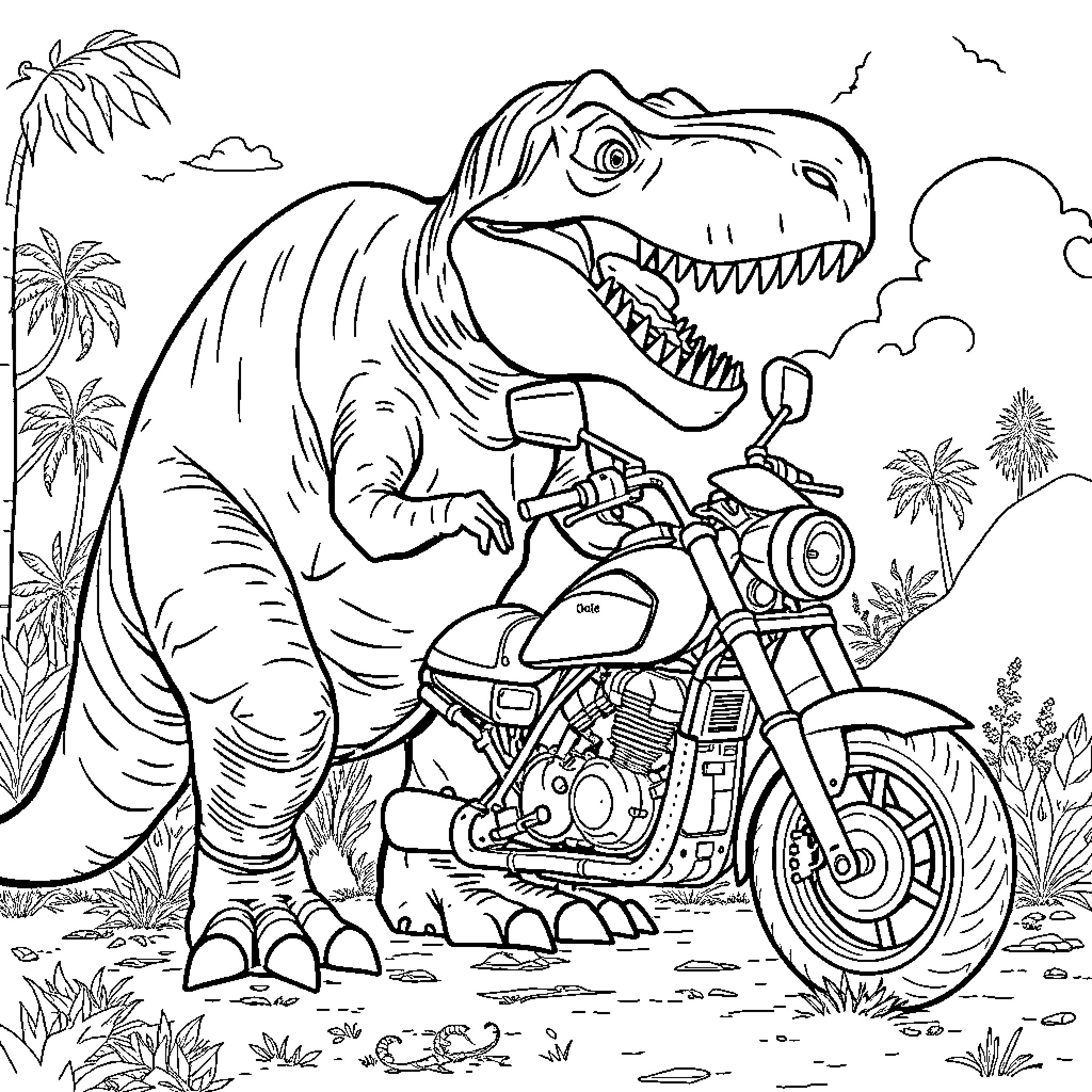 T-Rex Riding a Motorcycle in the Jungle Coloring Page (free black-and-white line drawing printable PDF for all, from beginners to advanced learners, including children, teens, adults, and seniors)