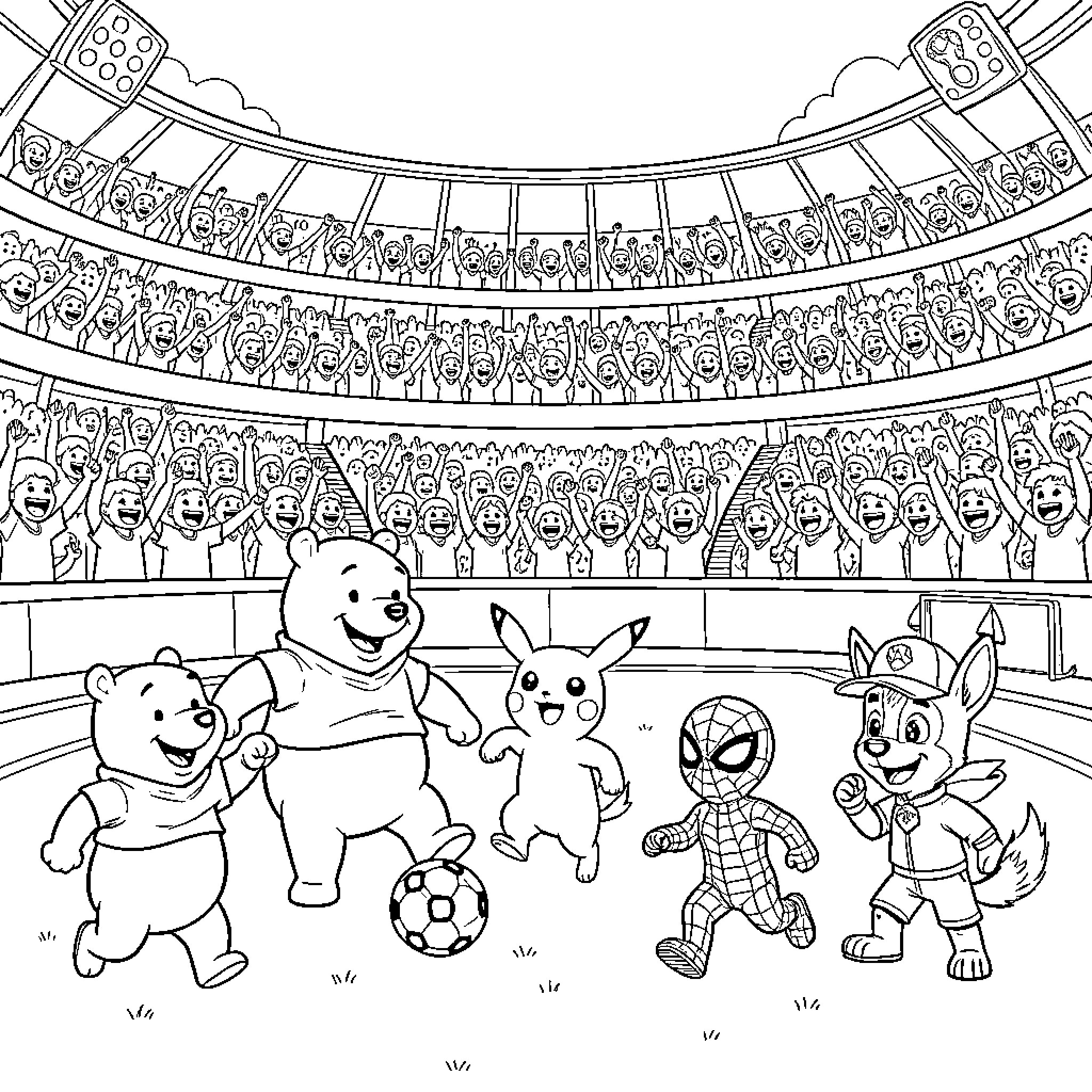 Winnie The Pooh playing soccer in a crowded stadium Coloring Page (free black-and-white line drawing printable PDF for all, from beginners to advanced learners, including children, teens, adults, and seniors)