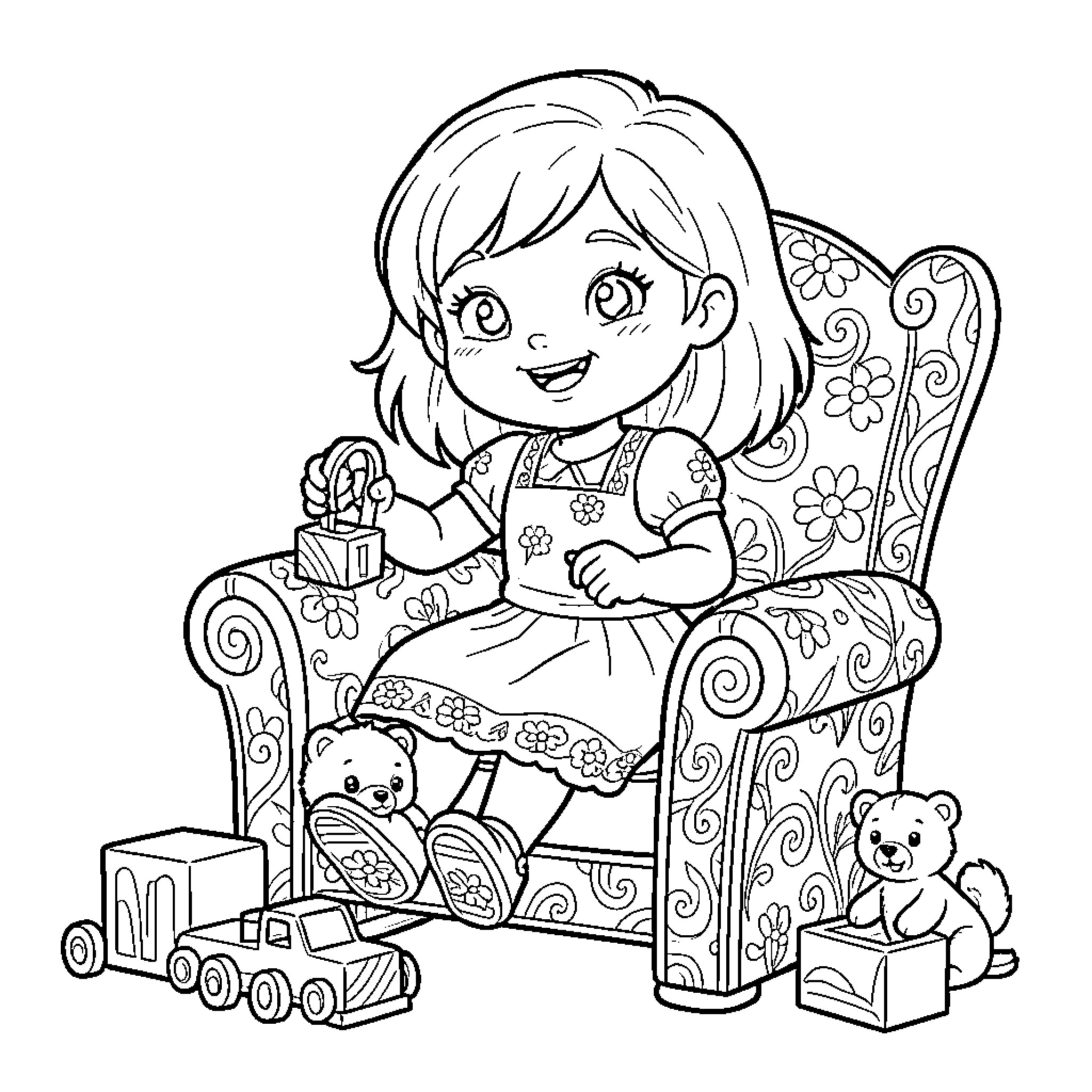 Masha playing with toys in an ornate chair Coloring Page (free black-and-white line drawing printable PDF for all, from beginners to advanced learners, including children, teens, adults, and seniors)