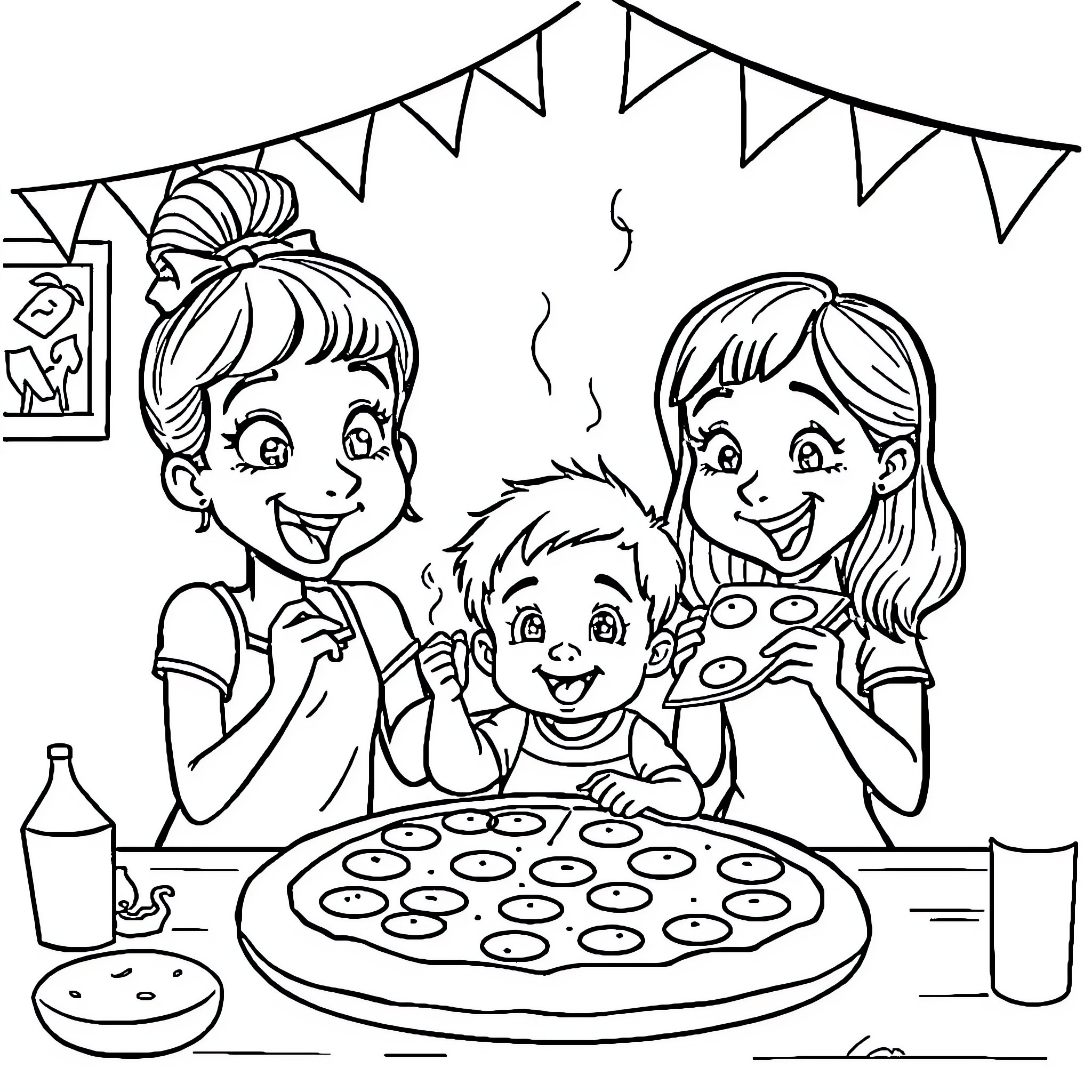 Pizza Party with Cheerful Family Coloring Page (free black-and-white line drawing printable PDF for all, from beginners to advanced learners, including children, teens, adults, and seniors)